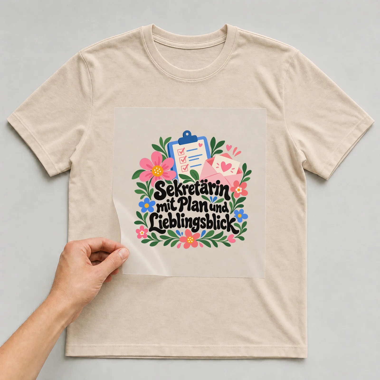 Bügelbild „Sekretärin mit Plan und Lieblingsblick“ auf beigem T-Shirt, Folie wird aufgelegt