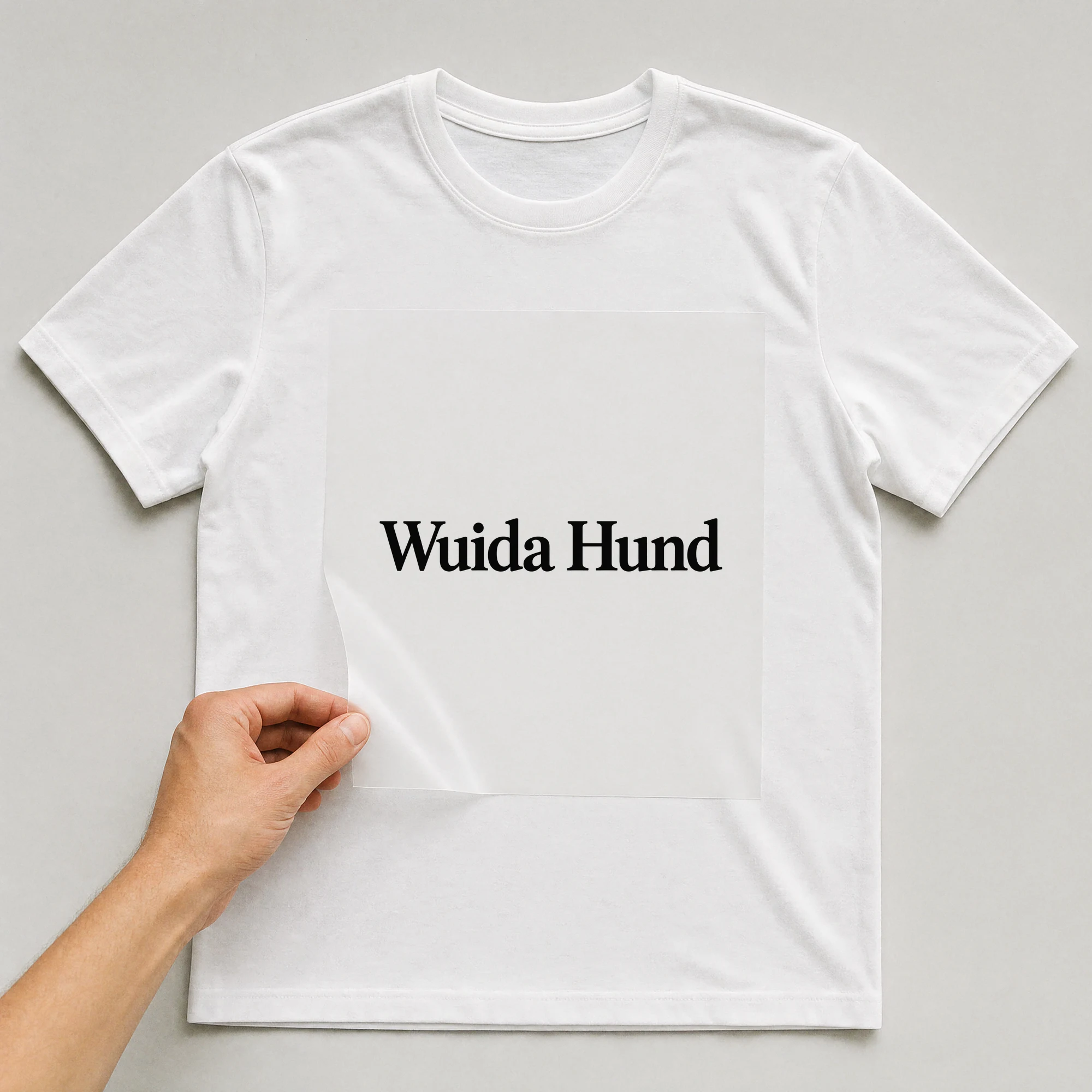 Bügelbild „Wuida Hund“ auf weißem T-Shirt, Folie wird aufgelegt