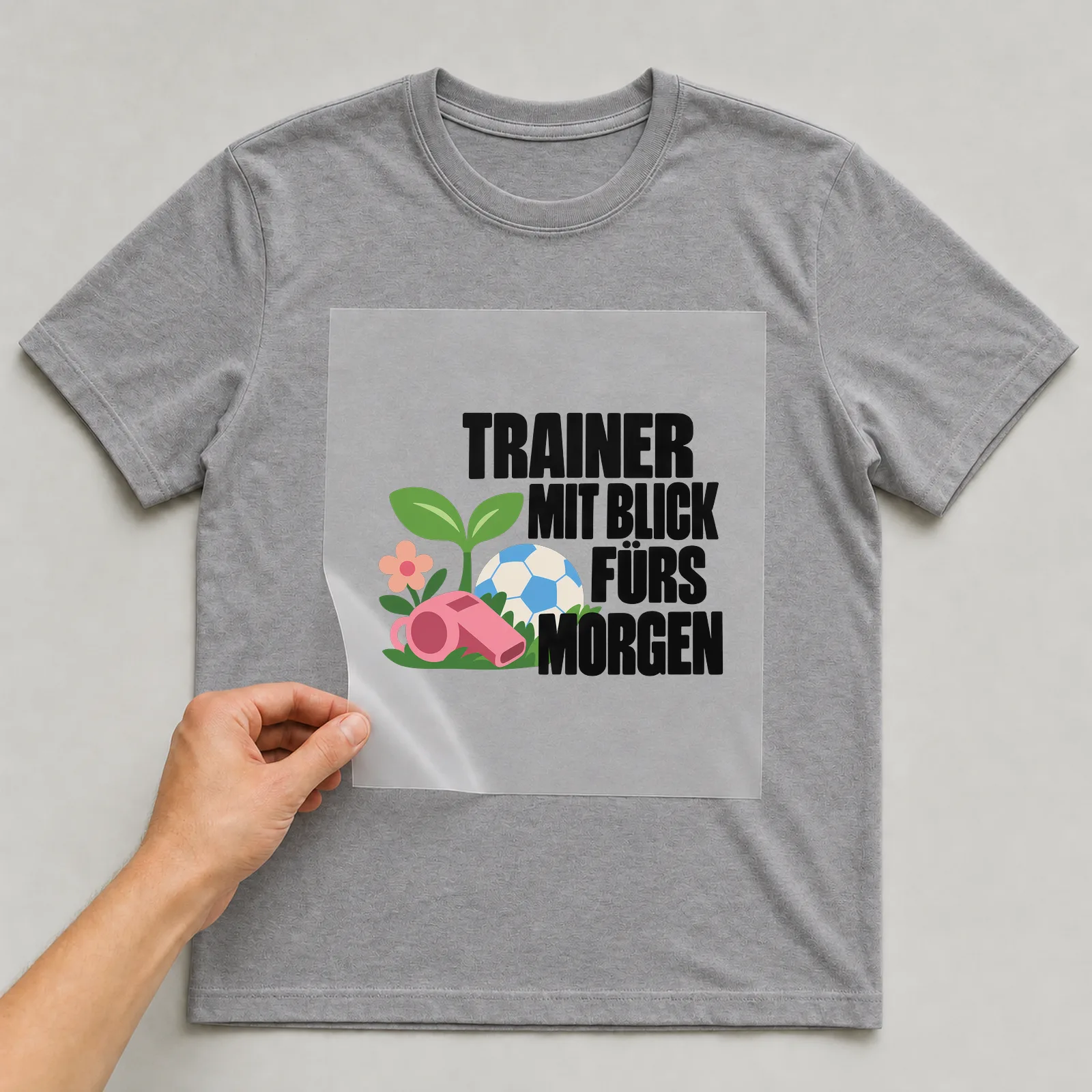 Bügelbild „Trainer mit Blick fürs morgen“ auf grauem T-Shirt, Folie wird aufgelegt
