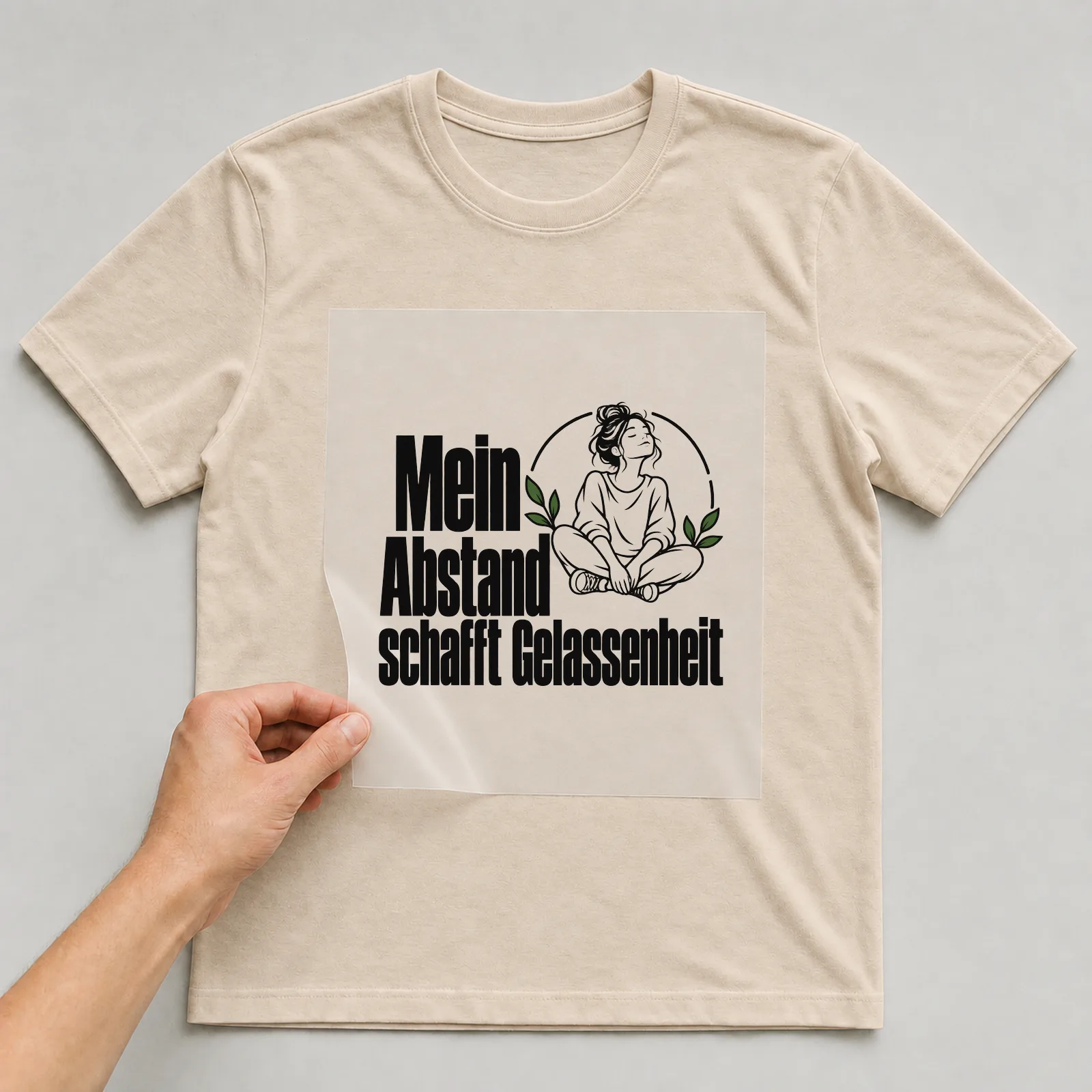Bügelbild „Mein Abstand schafft Gelassenheit“ auf beigem T-Shirt, Folie wird aufgelegt