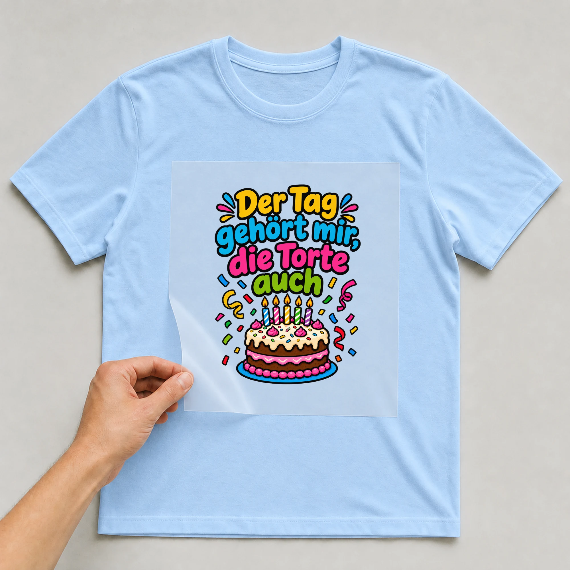 Bügelbild „Der Tag gehört mir, die Torte auch“ auf babyblauem T-Shirt, Folie wird aufgelegt