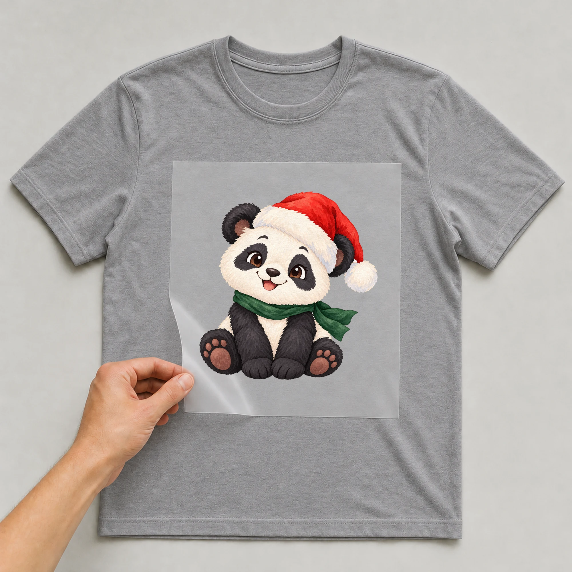 Bügelbild „Santa Ninja Panda“ auf grauem T-Shirt, Folie wird aufgelegt