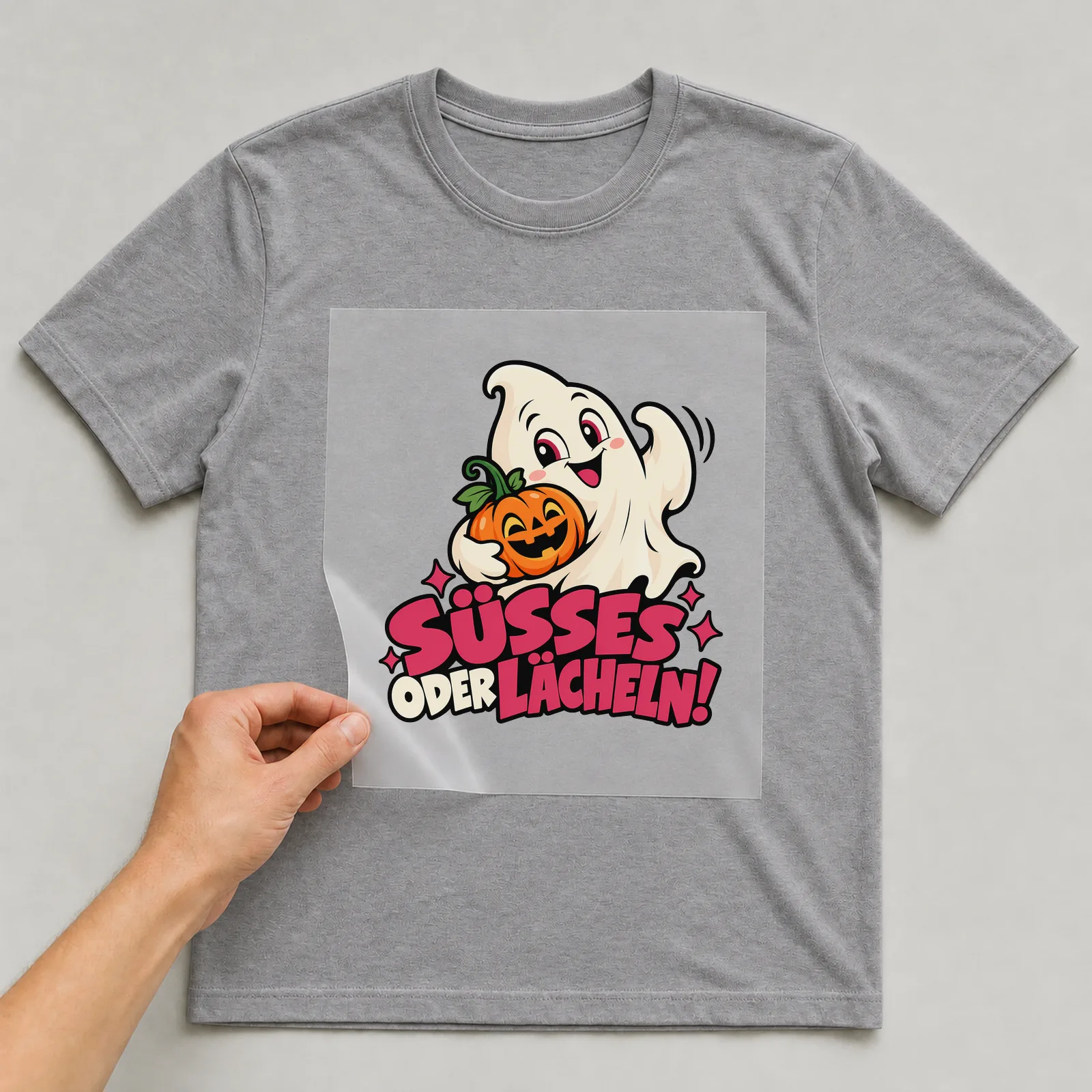 Bügelbild „Süßes oder Lächeln!“ auf grauem T-Shirt, Folie wird aufgelegt