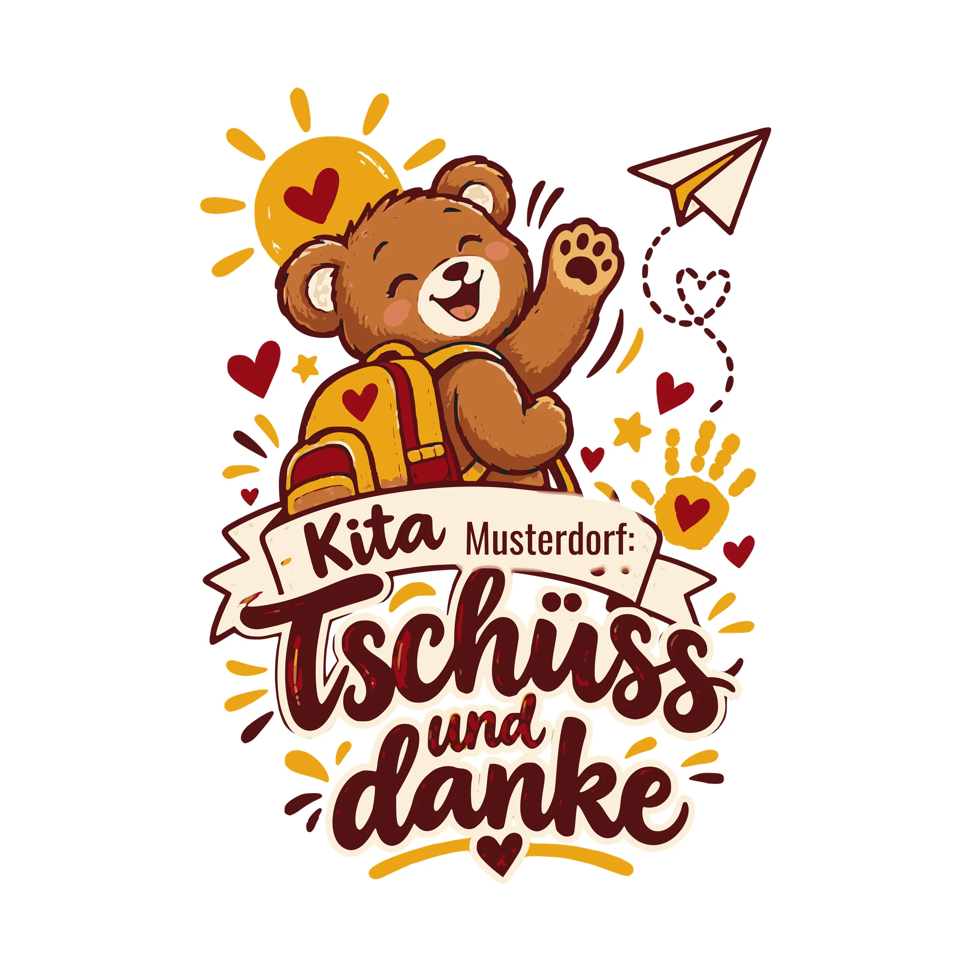 Bügelbild Kita: Tschüss und danke mit Ort als Grafik auf weißem Hintergrund (BB011266)