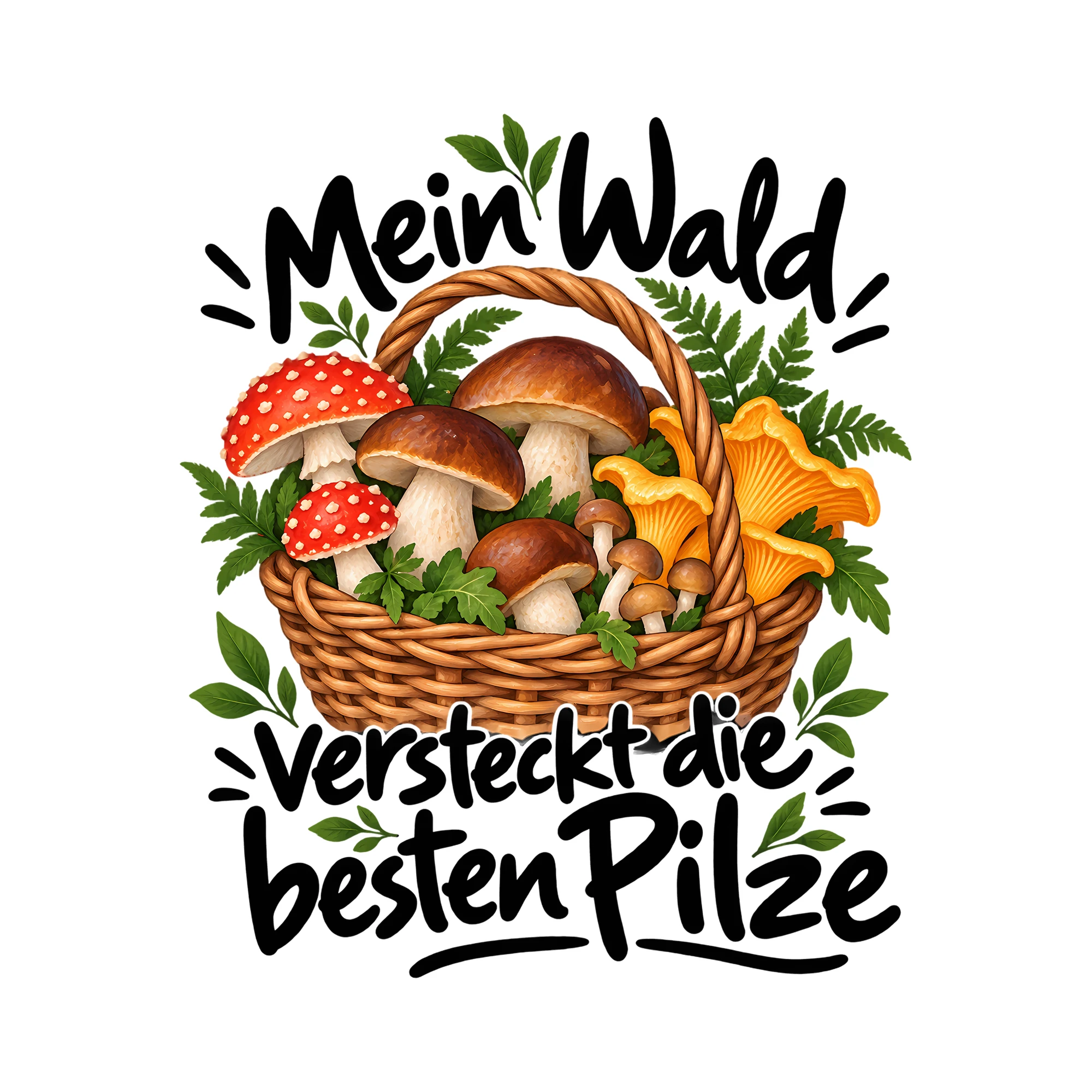 Bügelbild Mein Wald versteckt die besten Pilze als Grafik auf weißem Hintergrund (BB013320)