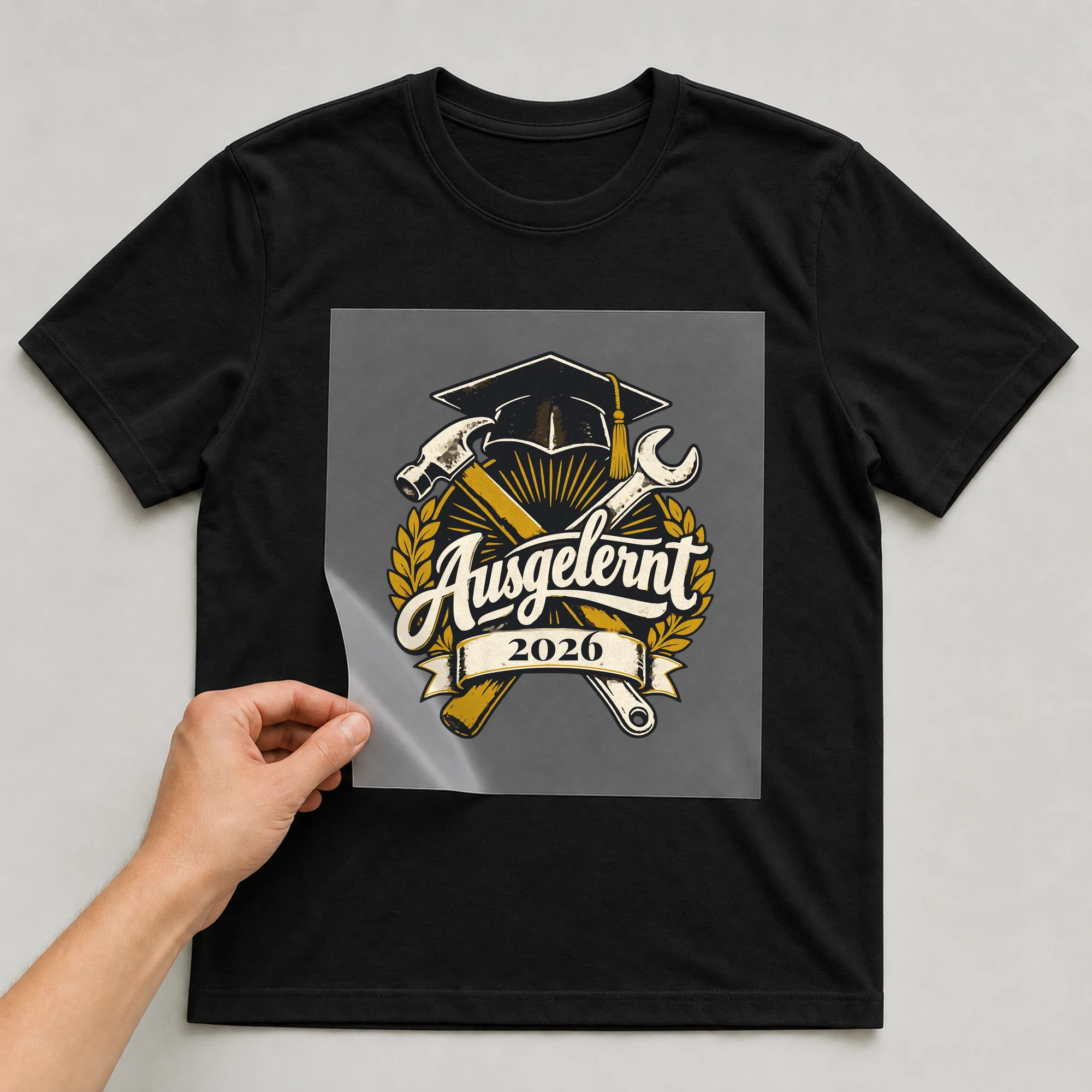 Bügelbild Ausgelernt mit Jahr auf schwarzem T-Shirt, Folie wird aufgelegt