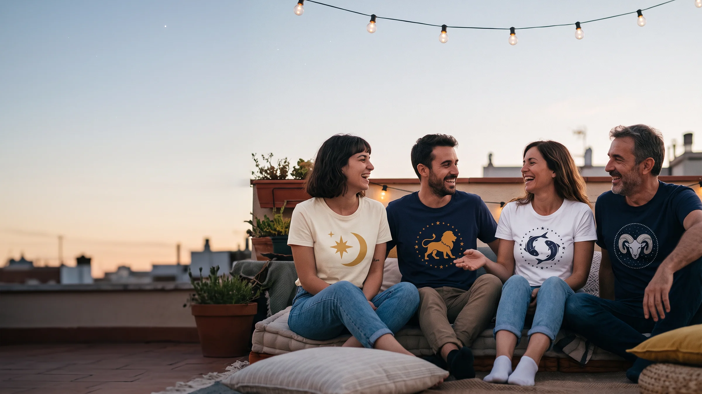 Vier Freunde lachen auf einer Dachterrasse und tragen Shirts mit Sternzeichen-Motiven von Bügelfuchs