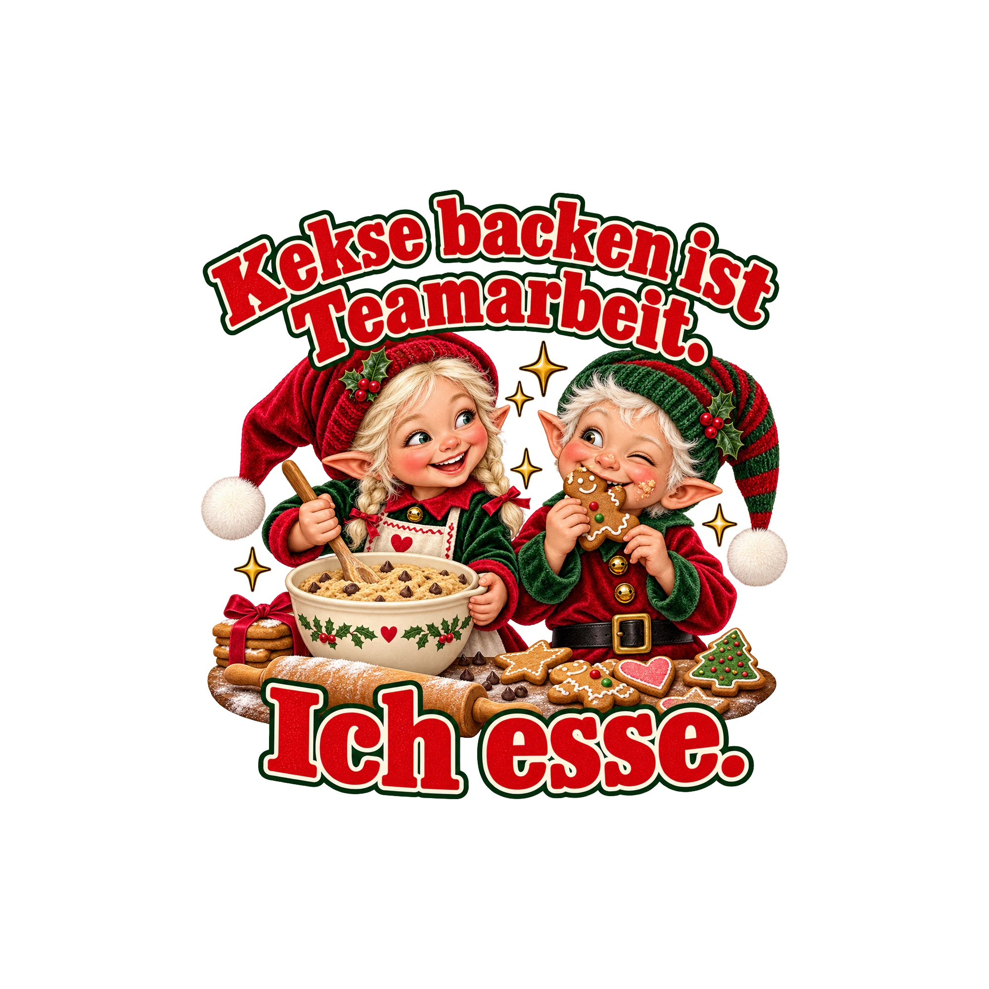 Bügelbild Kekse backen ist Teamarbeit. Ich esse. (Freche Weihnachtsklassiker) als Grafik auf weißem Hintergrund (BB011376)
