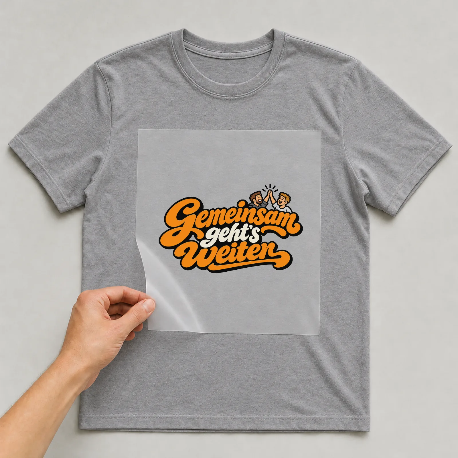 Bügelbild „Gemeinsam geht’s weiter“ auf grauem T-Shirt, Folie wird aufgelegt