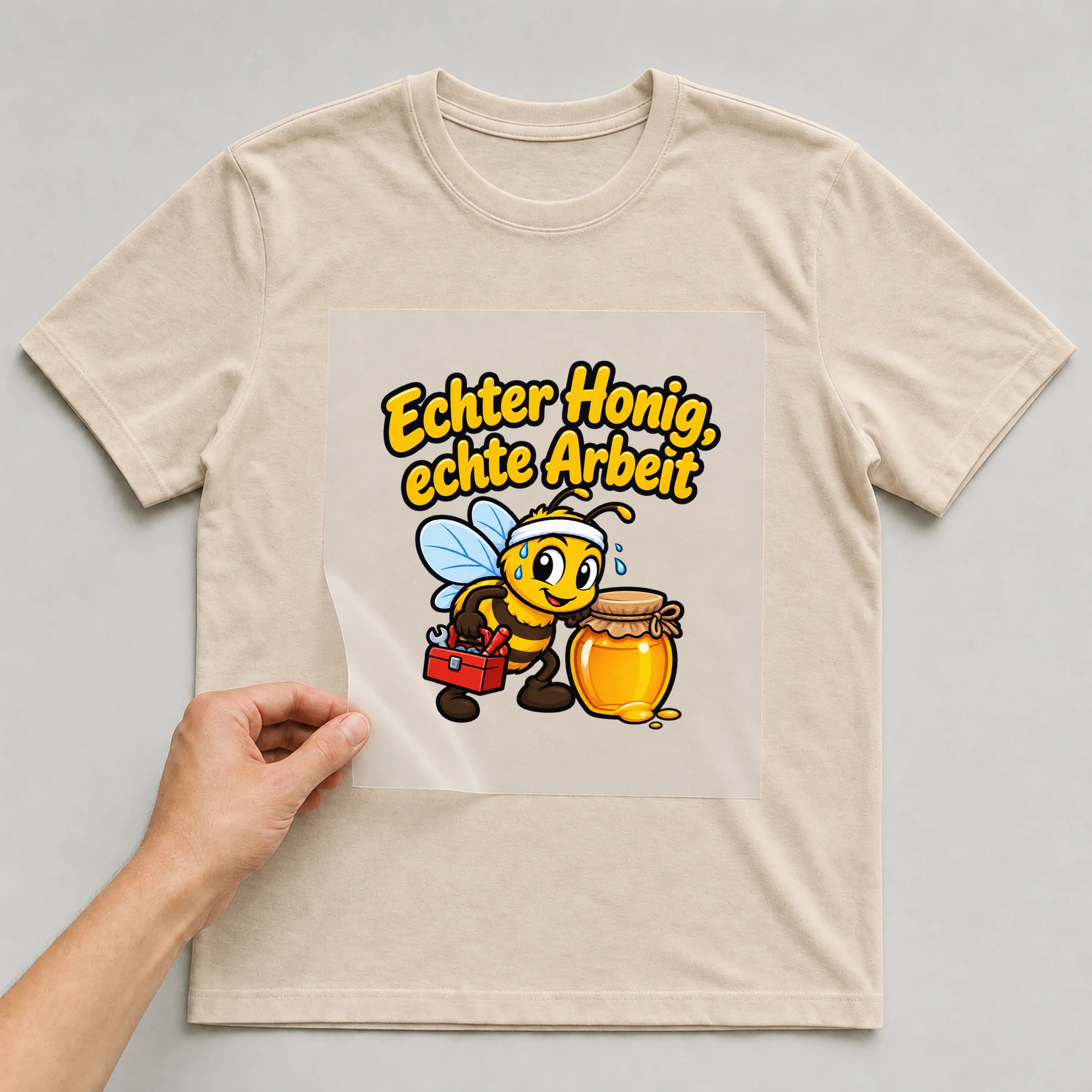 Bügelbild „Echter Honig, echte Arbeit“ auf beigem T-Shirt, Folie wird aufgelegt