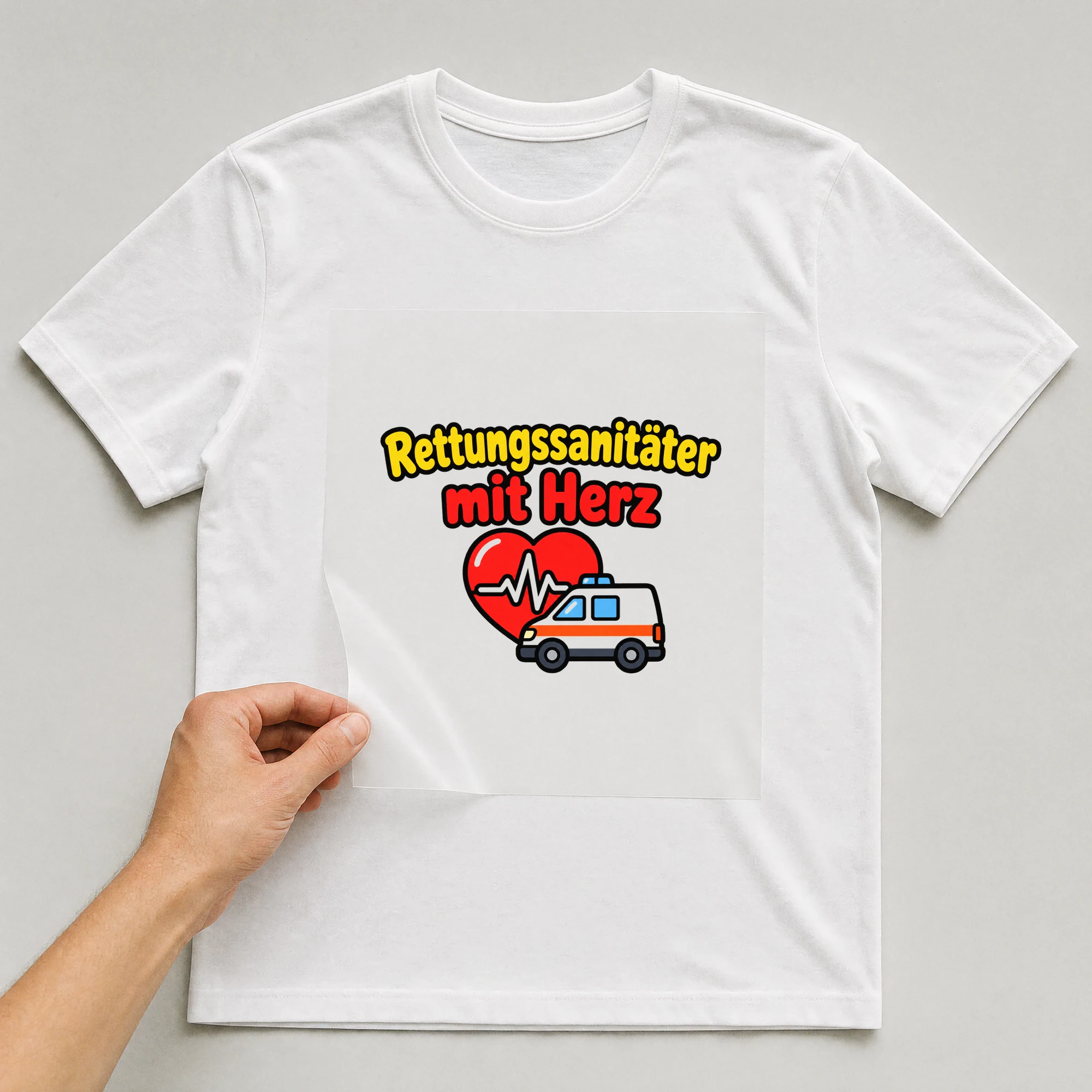 Bügelbild „Rettungssanitäter mit Herz“ auf weißem T-Shirt, Folie wird aufgelegt