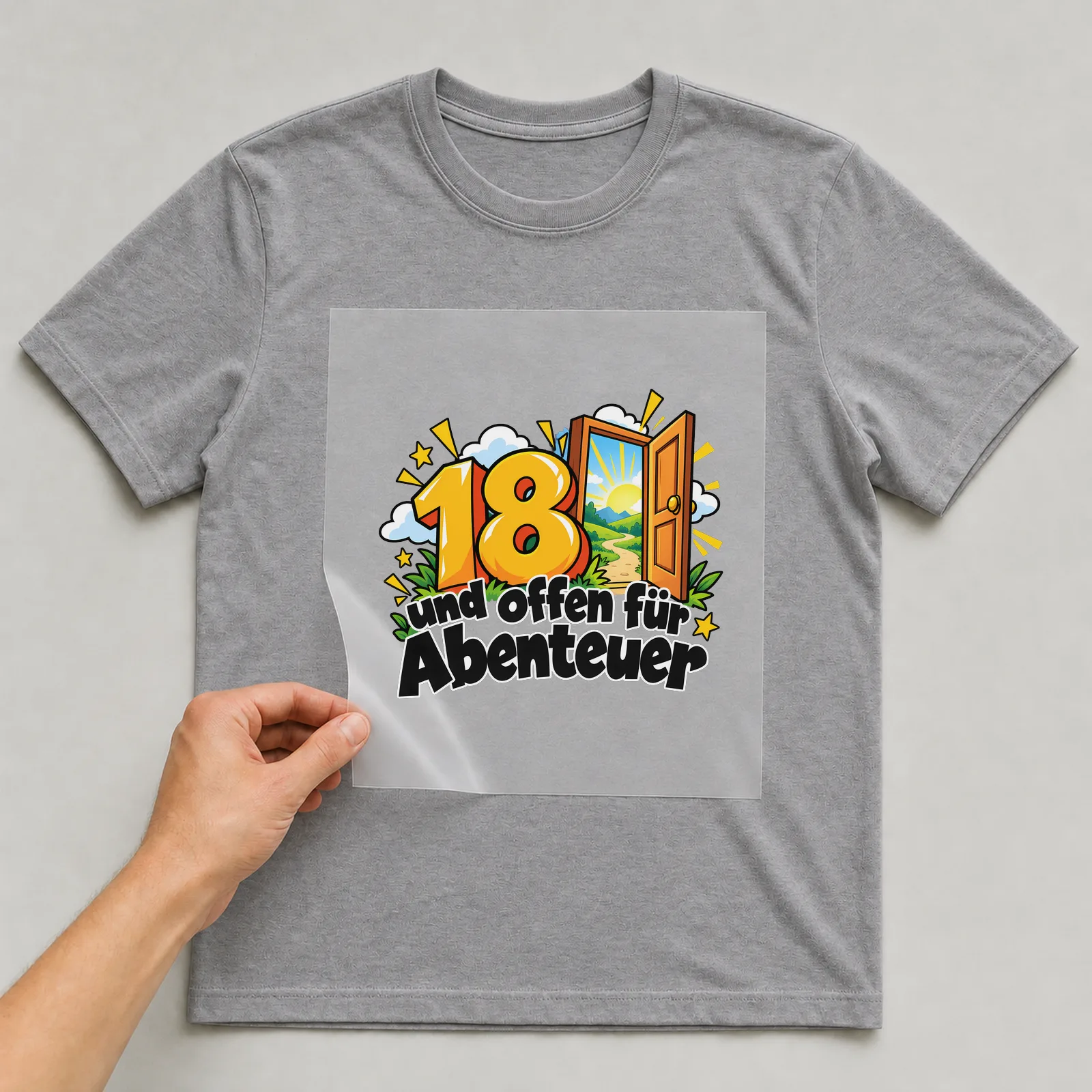 Bügelbild „18 und offen für Abenteuer“ auf grauem T-Shirt, Folie wird aufgelegt