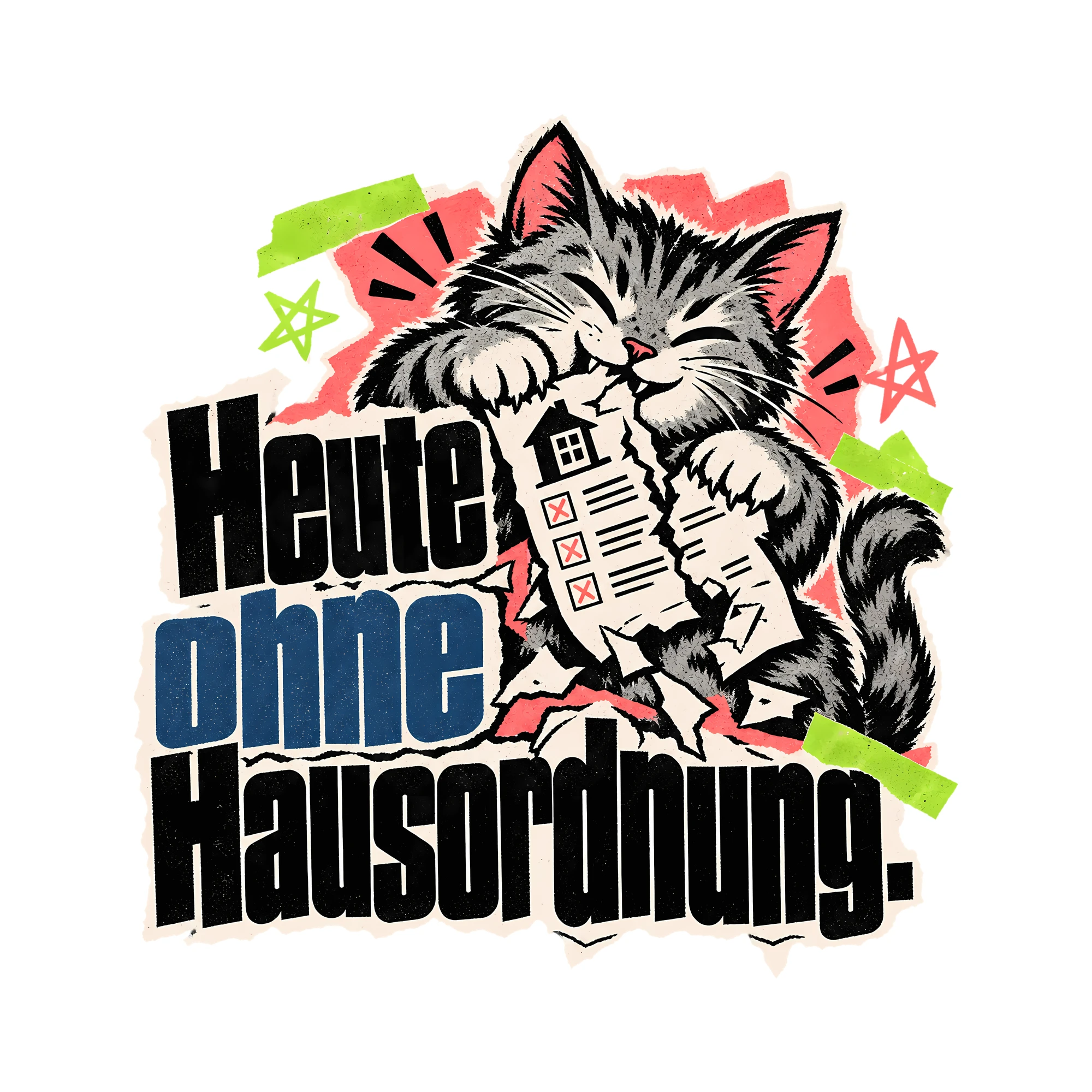 Bügelbild Heute ohne Hausordnung. als Grafik auf weißem Hintergrund (BB014063)
