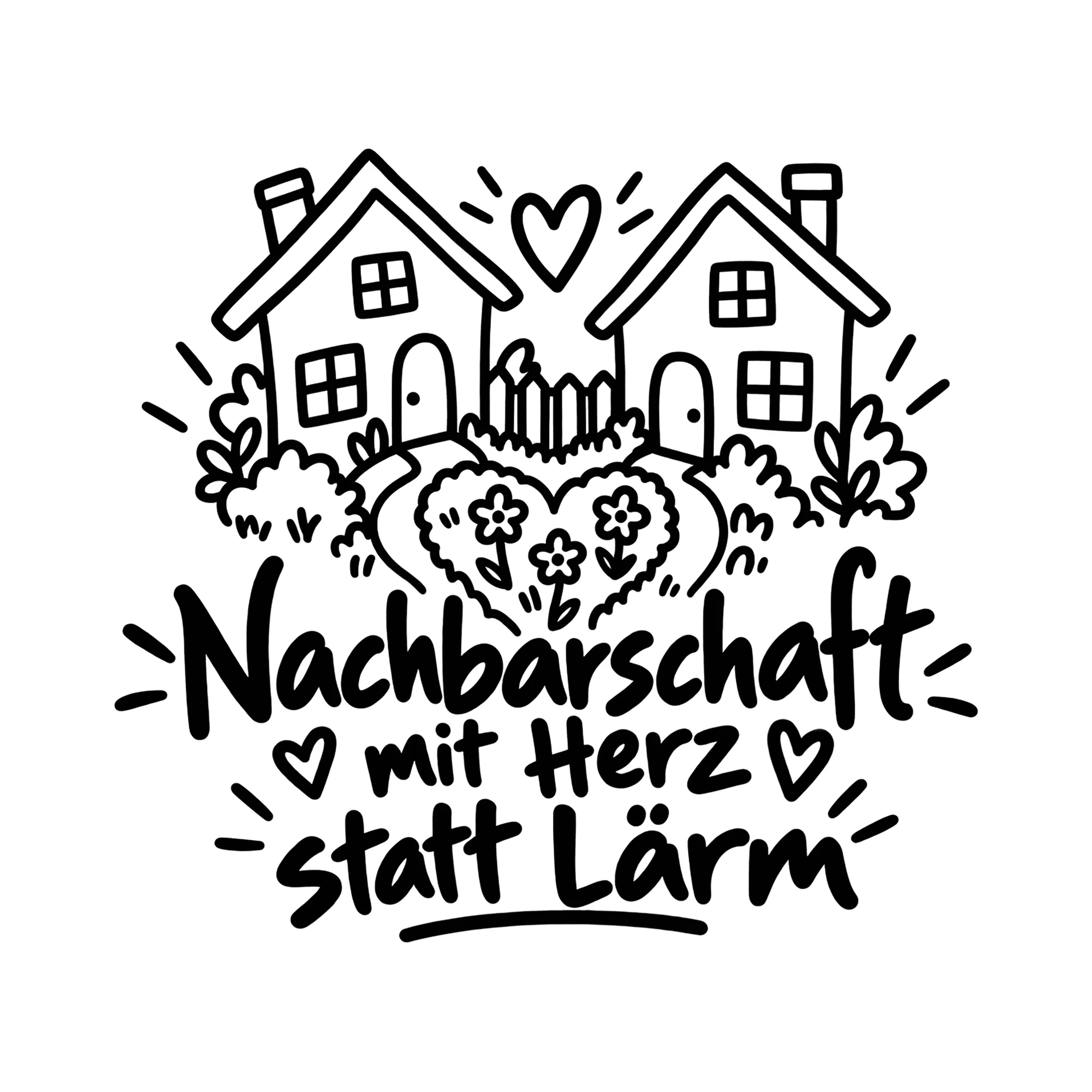 Bügelbild Nachbarschaft mit Herz statt Lärm als Grafik auf weißem Hintergrund (BB013599)