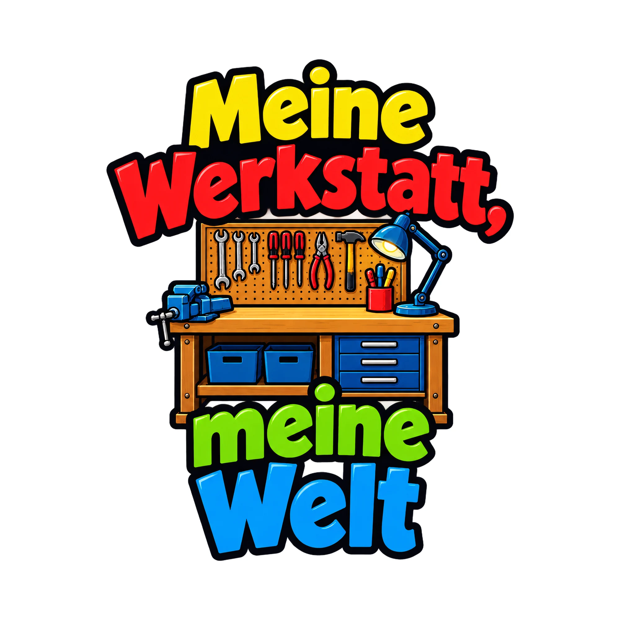 Bügelbild Meine Werkstatt, meine Welt, Hobby Shirt Spruch als Grafik auf weißem Hintergrund (BB016543)