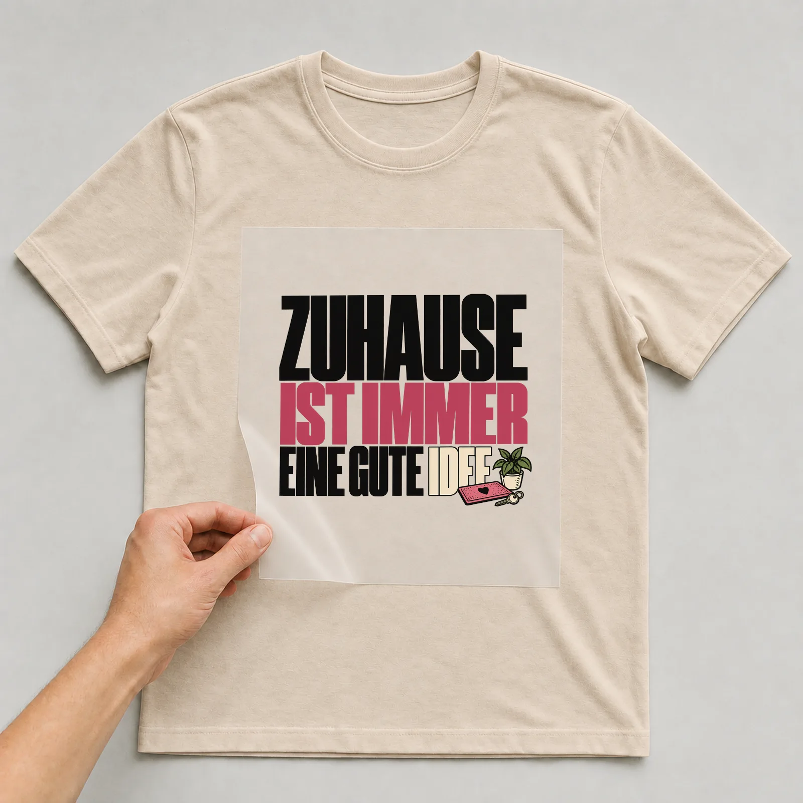 Bügelbild „Zuhause ist immer eine gute Idee“ (kompakter Plakatschrift) auf beigem T-Shirt, Folie wird aufgelegt
