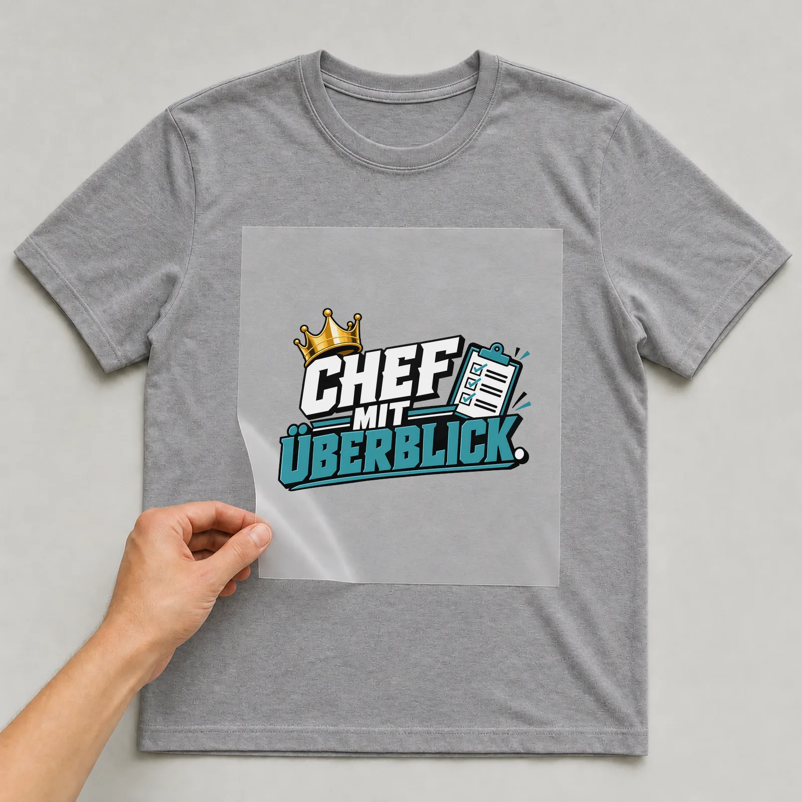 Bügelbild „Chef mit Überblick“ auf grauem T-Shirt, Folie wird aufgelegt