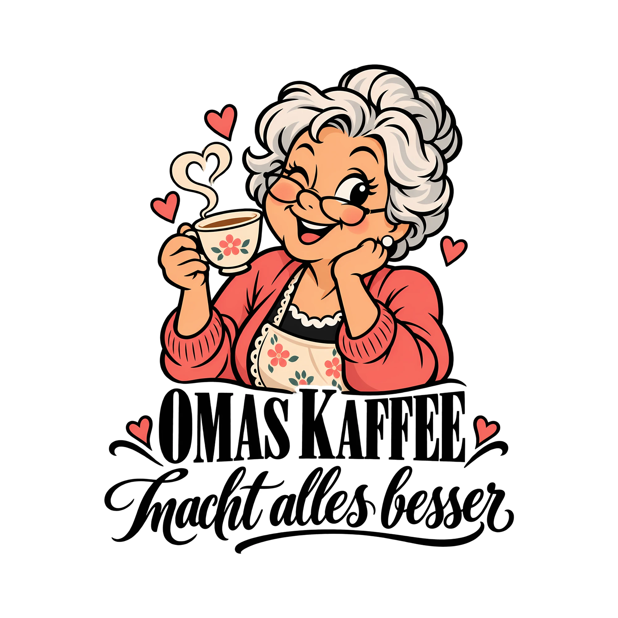 Bügelbild Omas Kaffee macht alles besser als Grafik auf weißem Hintergrund (BB012476)