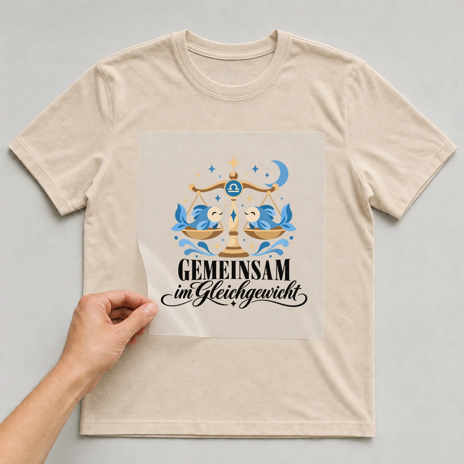 Bügelbild „Gemeinsam im Gleichgewicht“ auf beigem T-Shirt, Folie wird aufgelegt