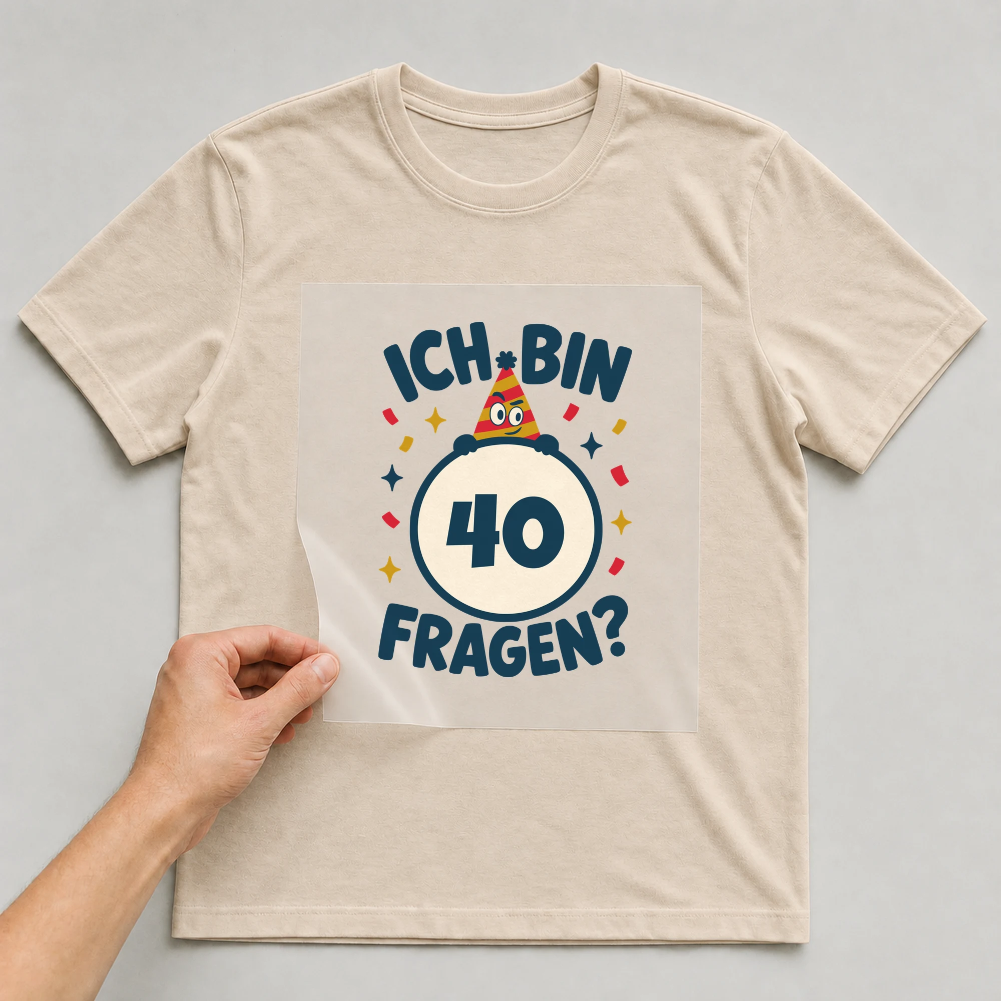 Bügelbild Ich bin. Fragen? mit Zahl auf beigem T-Shirt, Folie wird aufgelegt