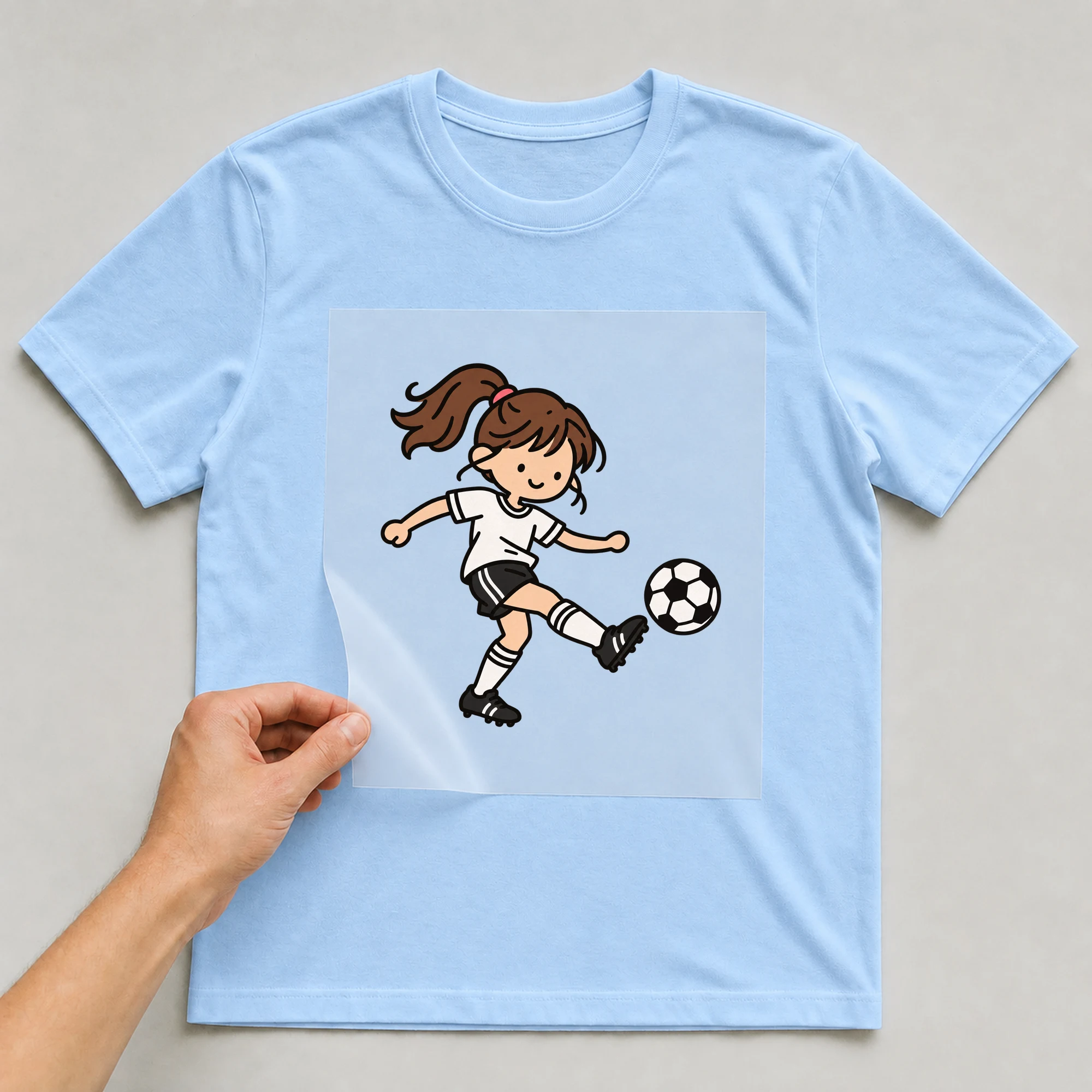 Bügelbild „Fußballspielerin Illustration“ auf babyblauem T-Shirt, Folie wird aufgelegt