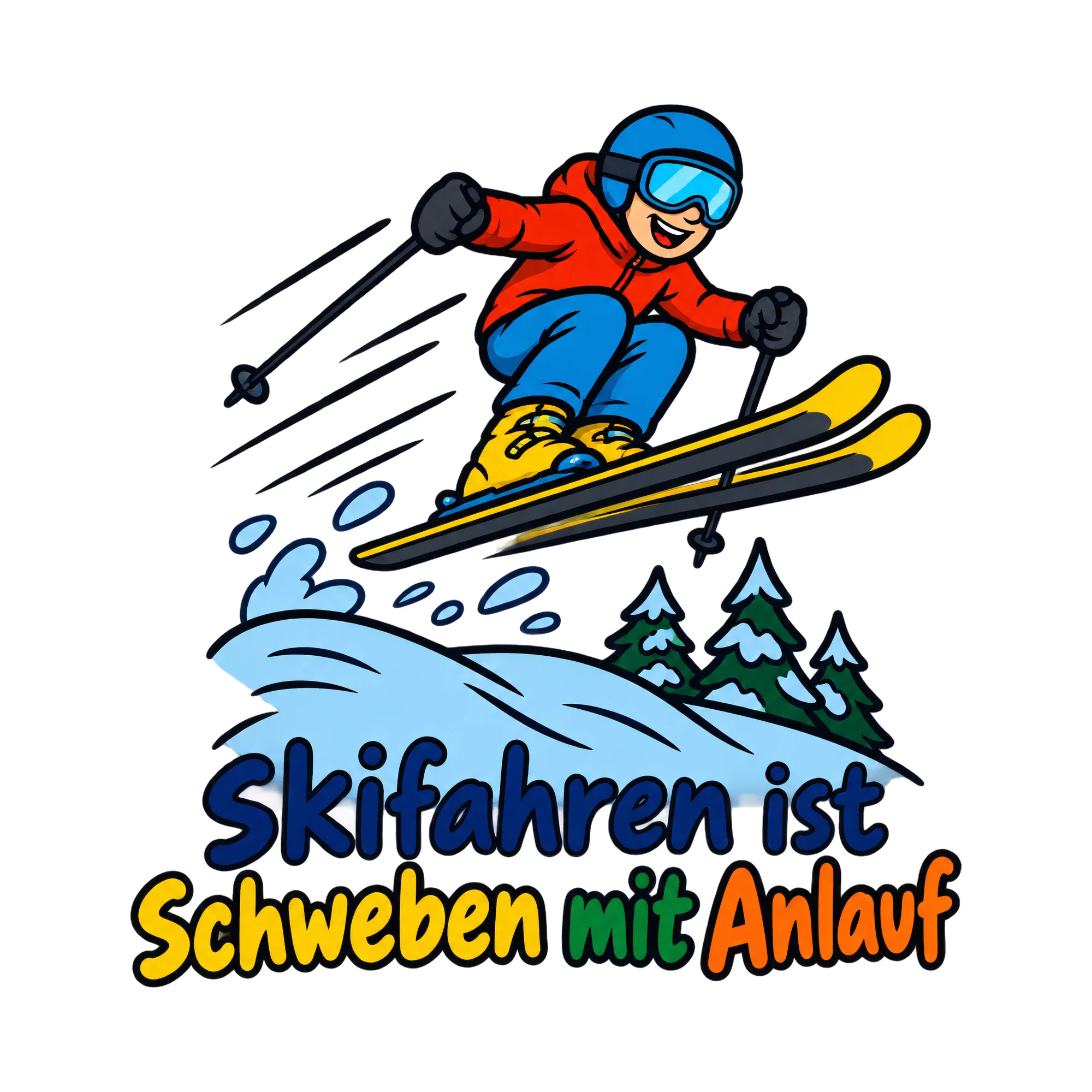Bügelbild Skifahren ist Schweben mit Anlauf als Grafik auf weißem Hintergrund (BB019483)