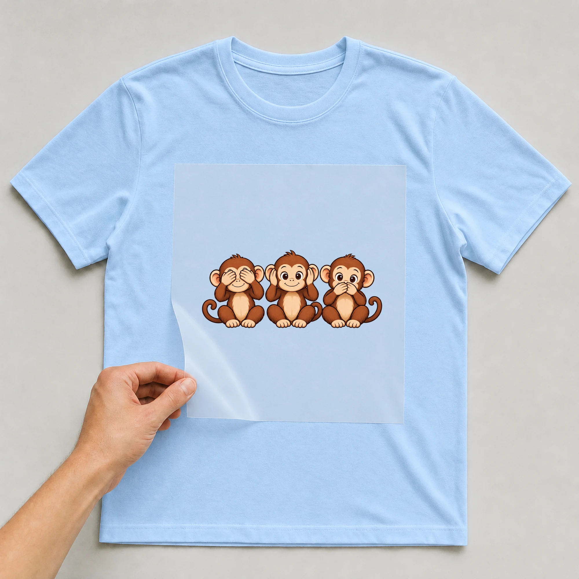 Bügelbild „Blinder Tauber Stummer Affe“ auf babyblauem T-Shirt, Folie wird aufgelegt