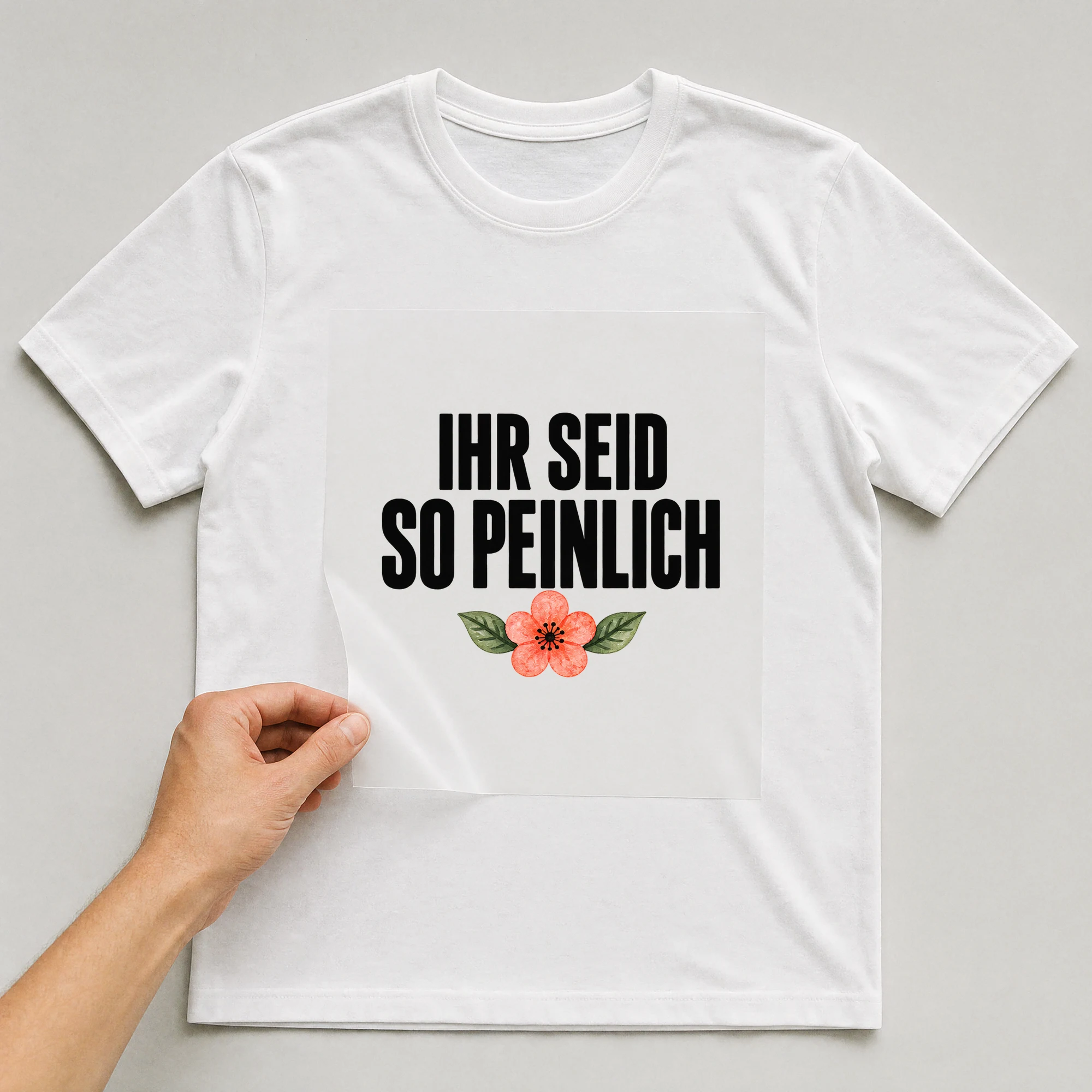 Bügelbild „Ihr seid so peinlich“ auf weißem T-Shirt, Folie wird aufgelegt