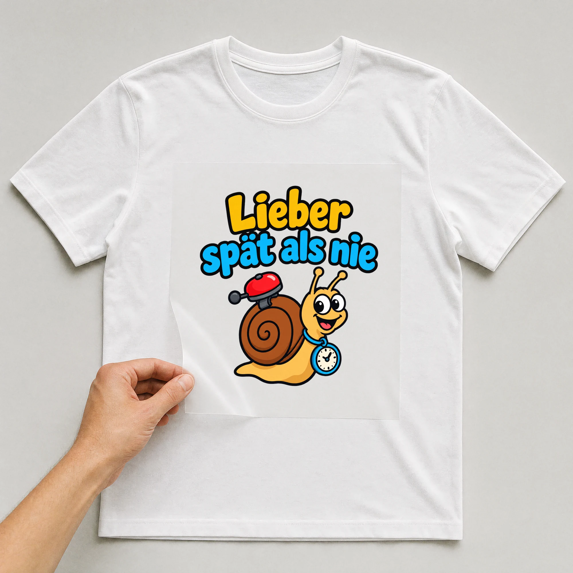 Bügelbild „Lieber spät als nie“ auf weißem T-Shirt, Folie wird aufgelegt