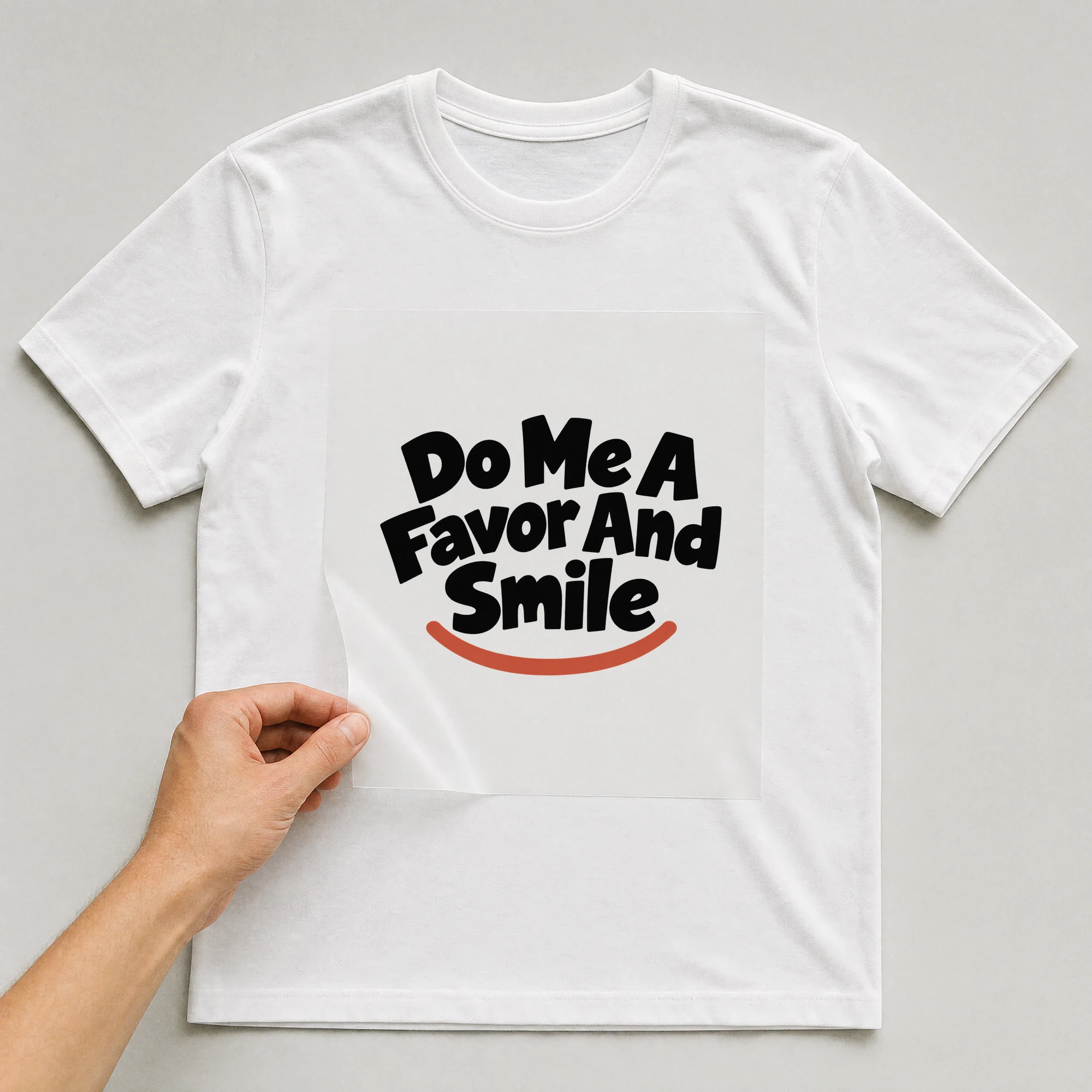 Bügelbild „Do Me A Favor And Smile“ auf weißem T-Shirt, Folie wird aufgelegt