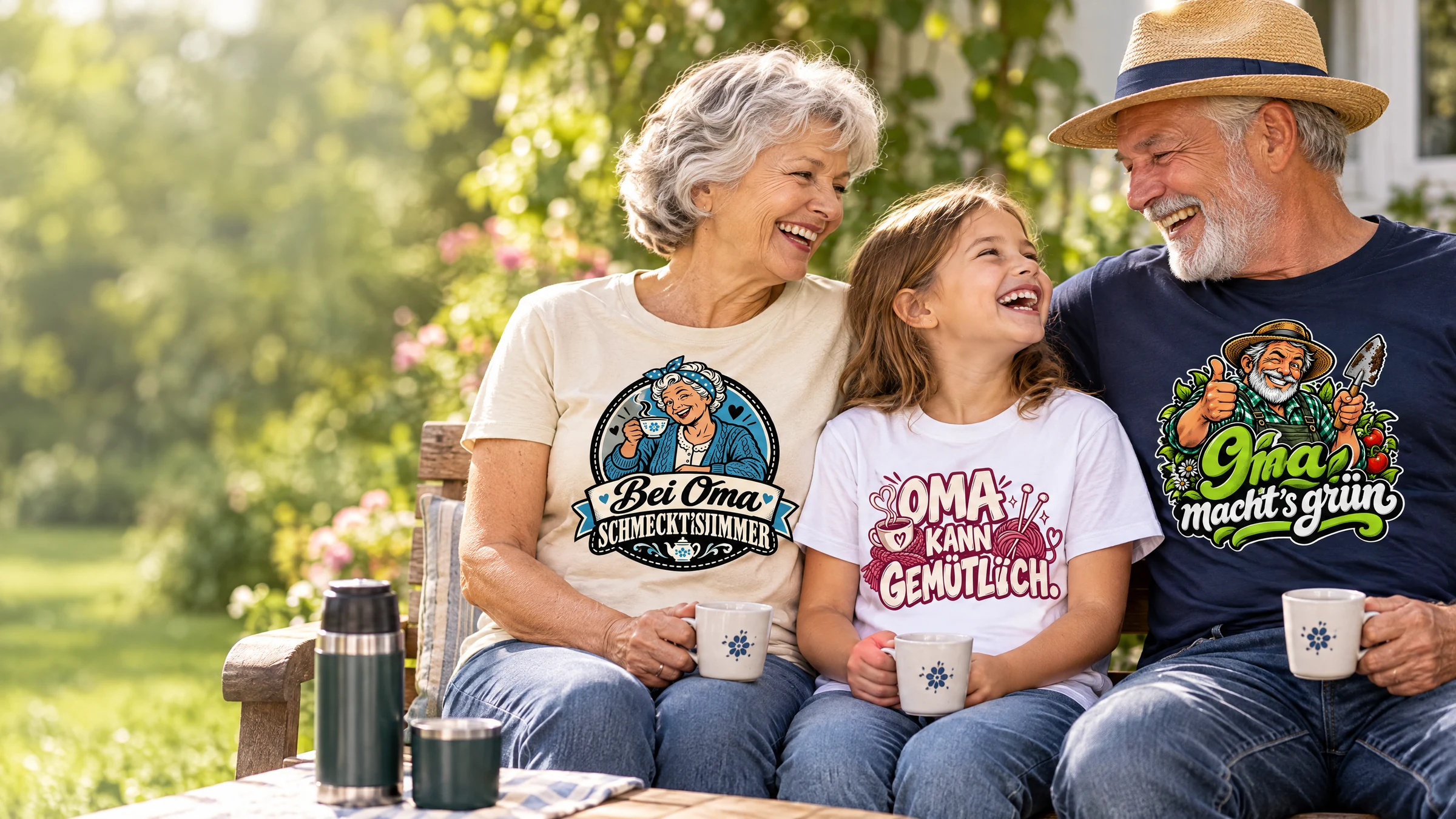Für Oma und Opa: Oma und Opa mit den Bügelbild-Motiven Bei Oma schmeckt's immer, Oma kann gemütlich und Opa macht's grün