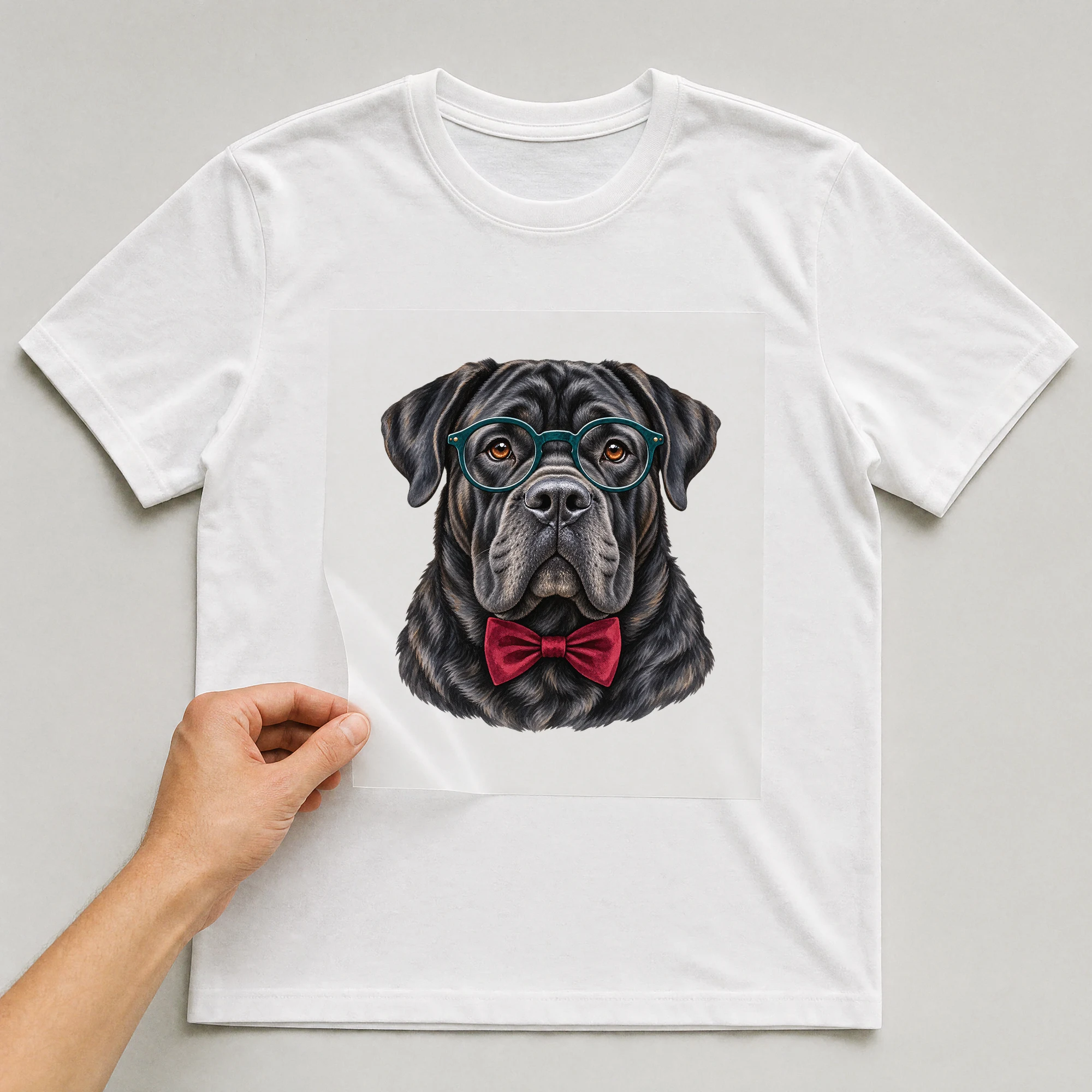 Bügelbild „Hund Mit Brille“ auf weißem T-Shirt, Folie wird aufgelegt