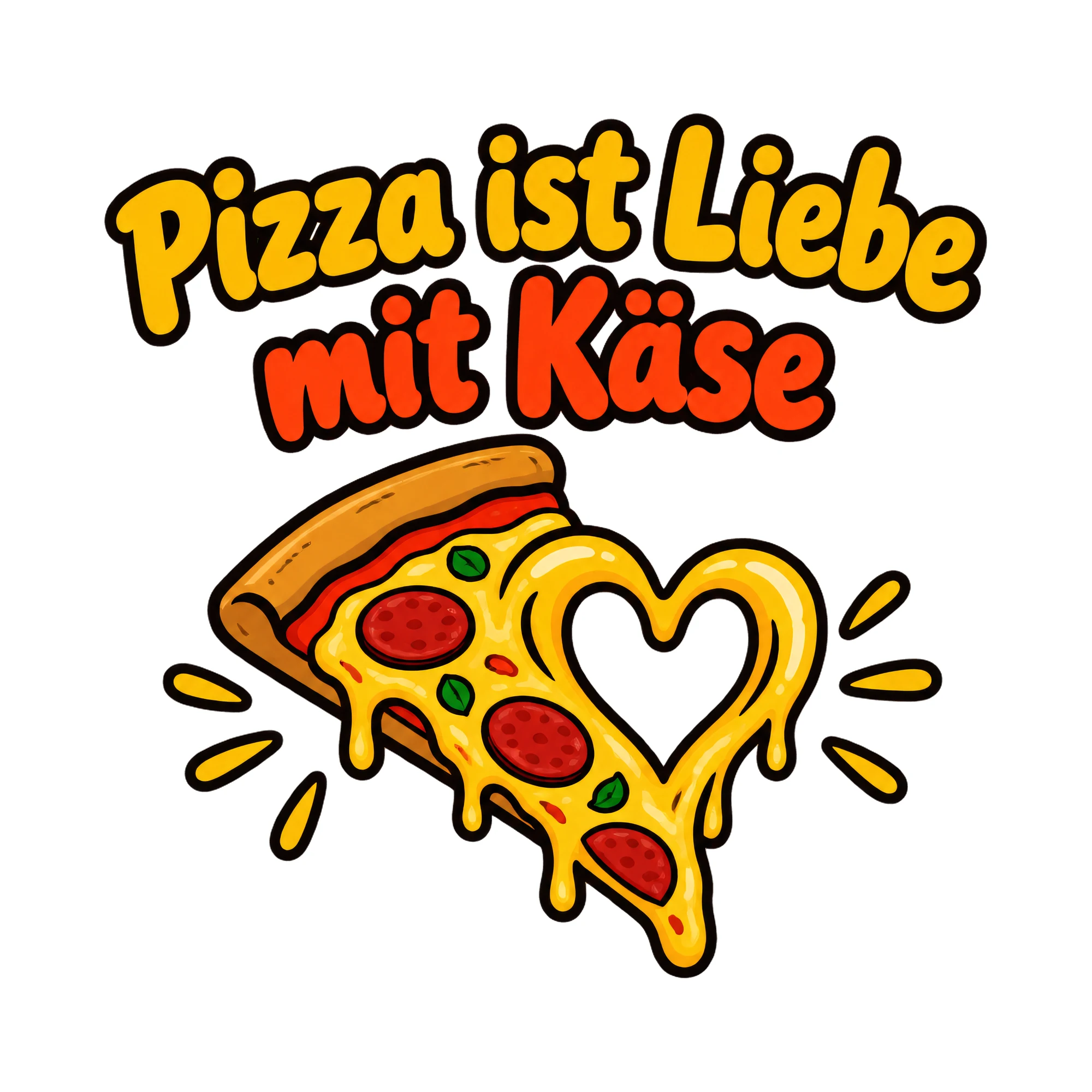 Bügelbild Pizza ist Liebe mit Käse als Grafik auf weißem Hintergrund (BB019629)