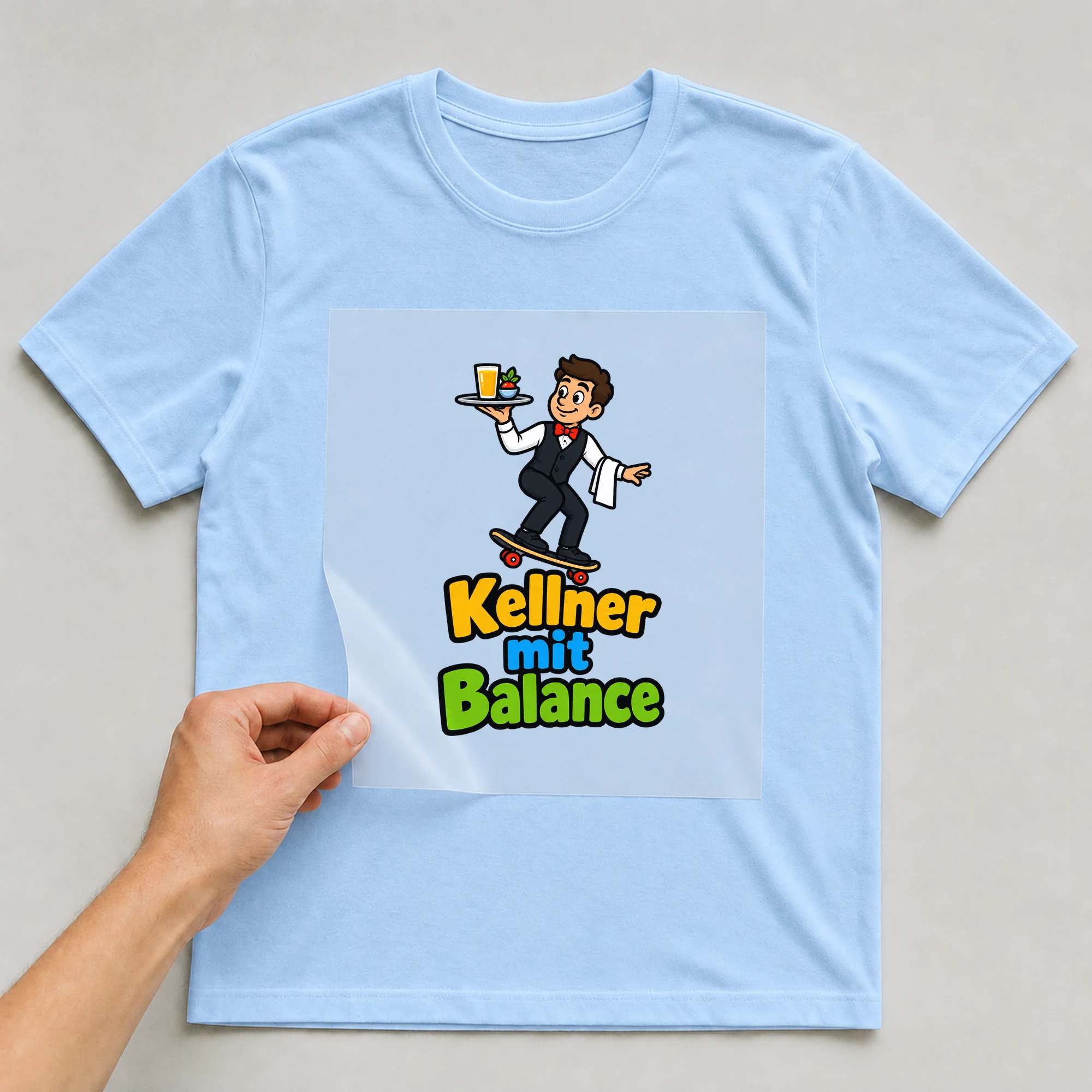 Bügelbild „Kellner mit Balance“ auf babyblauem T-Shirt, Folie wird aufgelegt
