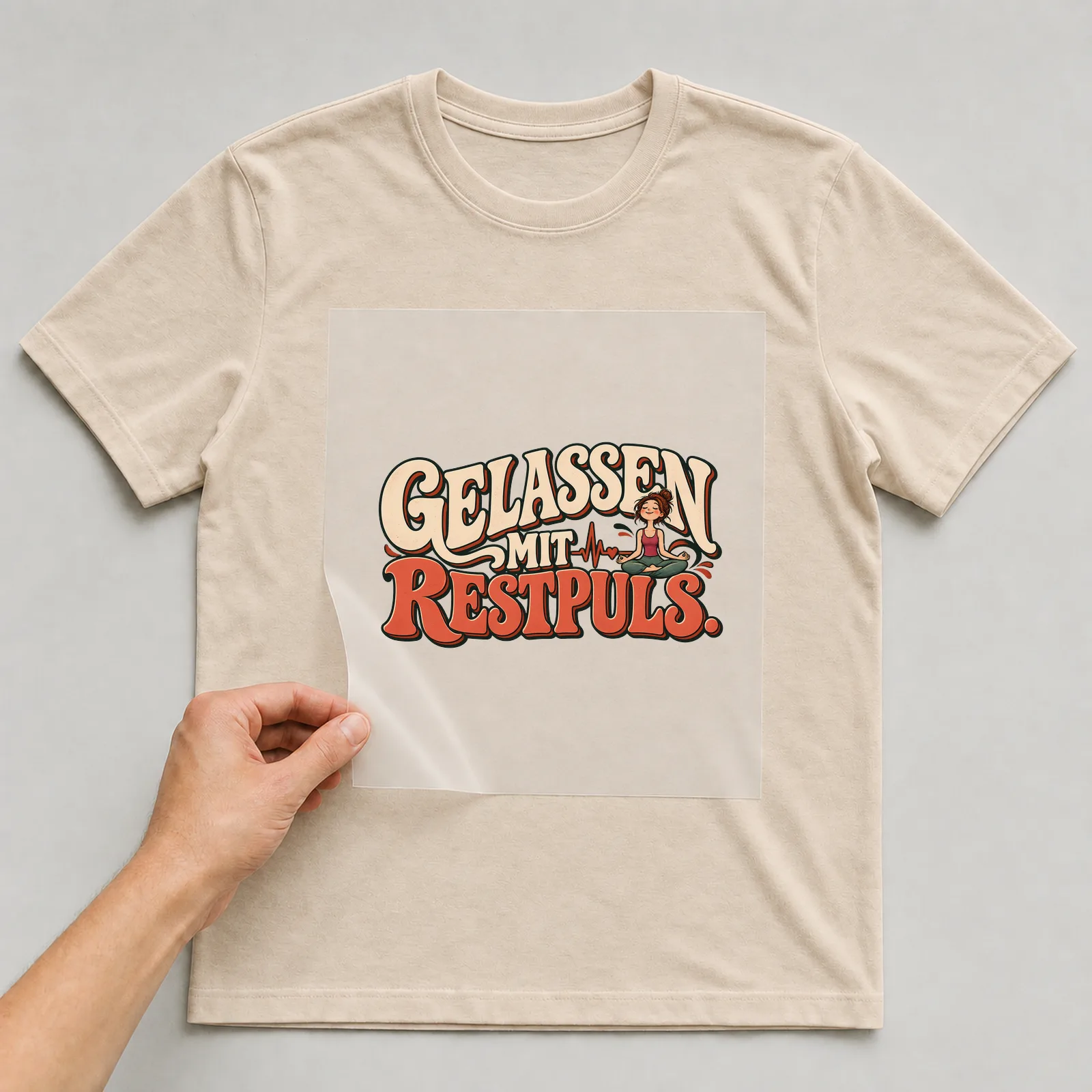 Bügelbild „Gelassen mit Restpuls“ auf beigem T-Shirt, Folie wird aufgelegt
