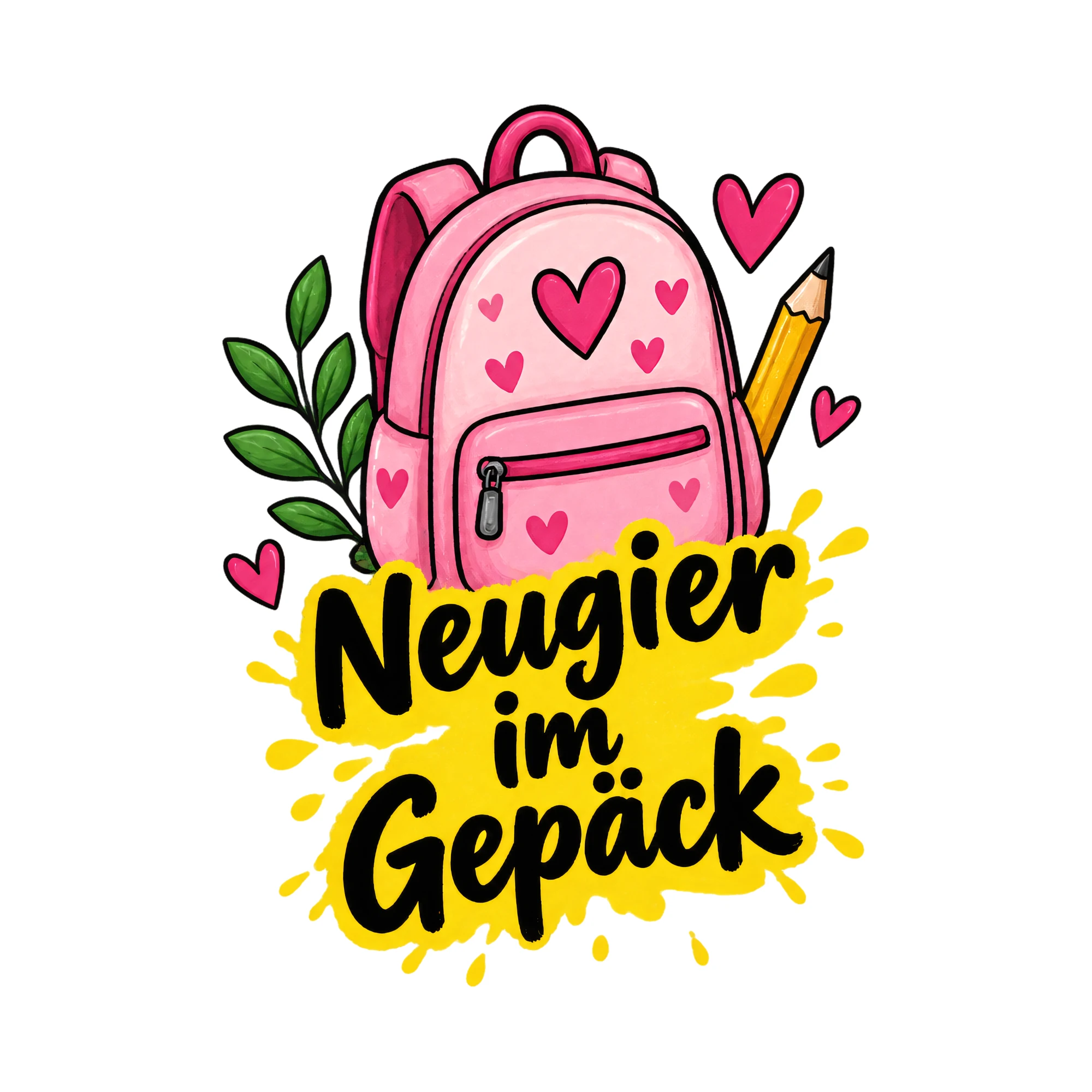 Bügelbild NEUGIER IM GEPÄCK als Grafik auf weißem Hintergrund (BB011447)