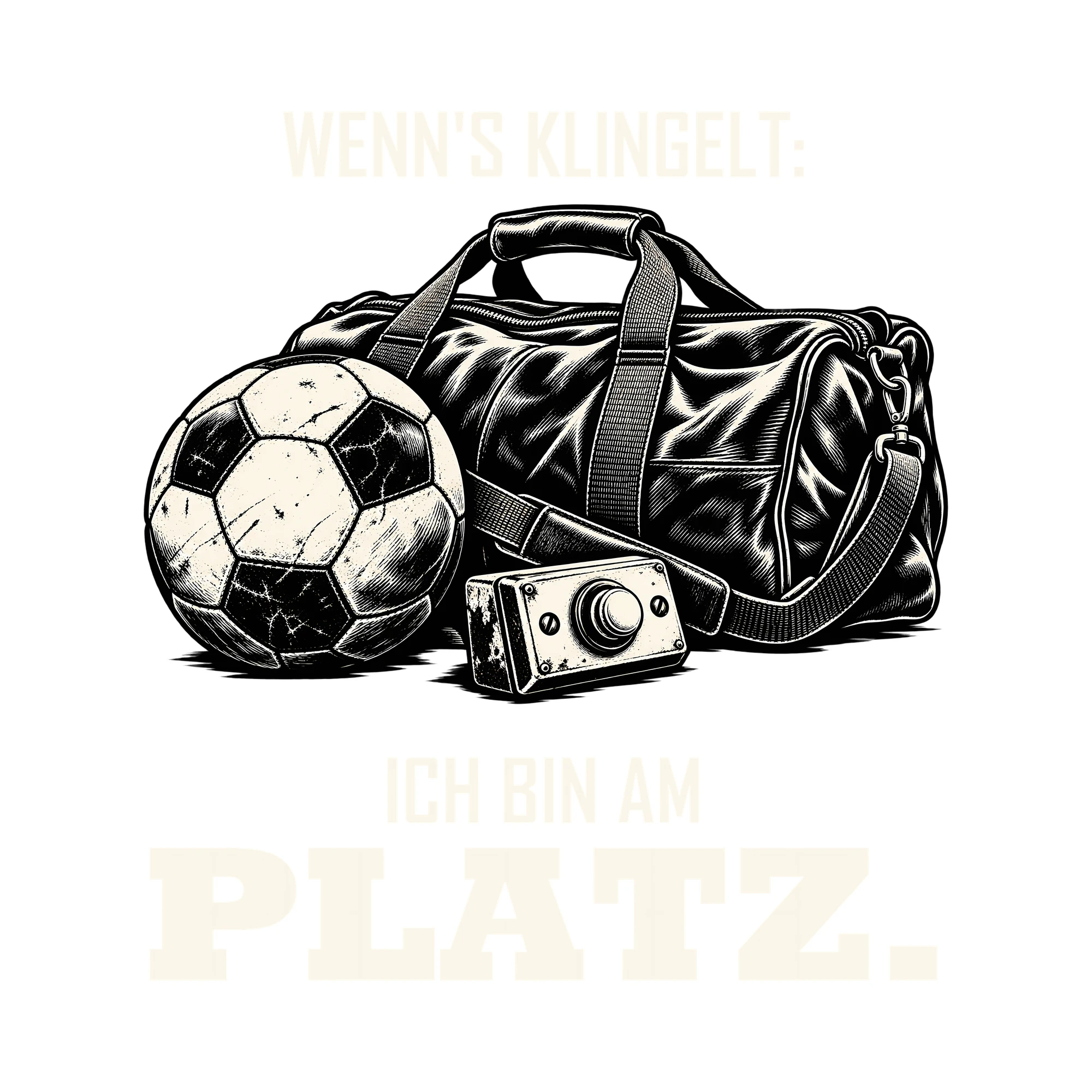 Bügelbild WENN'S KLINGELT: ICH BIN AM PLATZ. als Grafik auf weißem Hintergrund (BB013701)