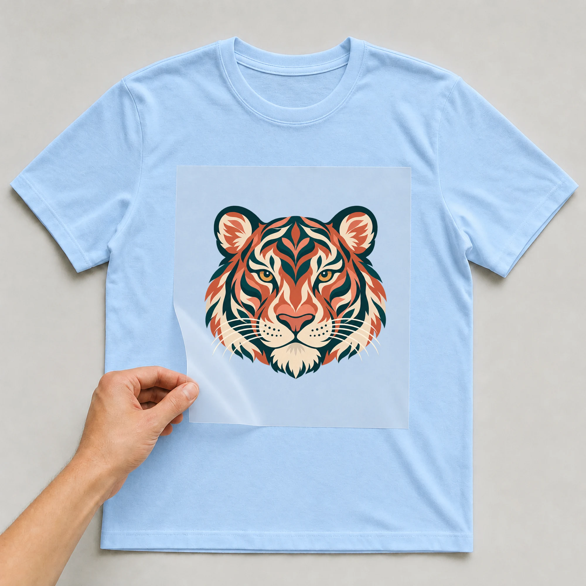 Bügelbild „Bunter Tiger“ auf babyblauem T-Shirt, Folie wird aufgelegt