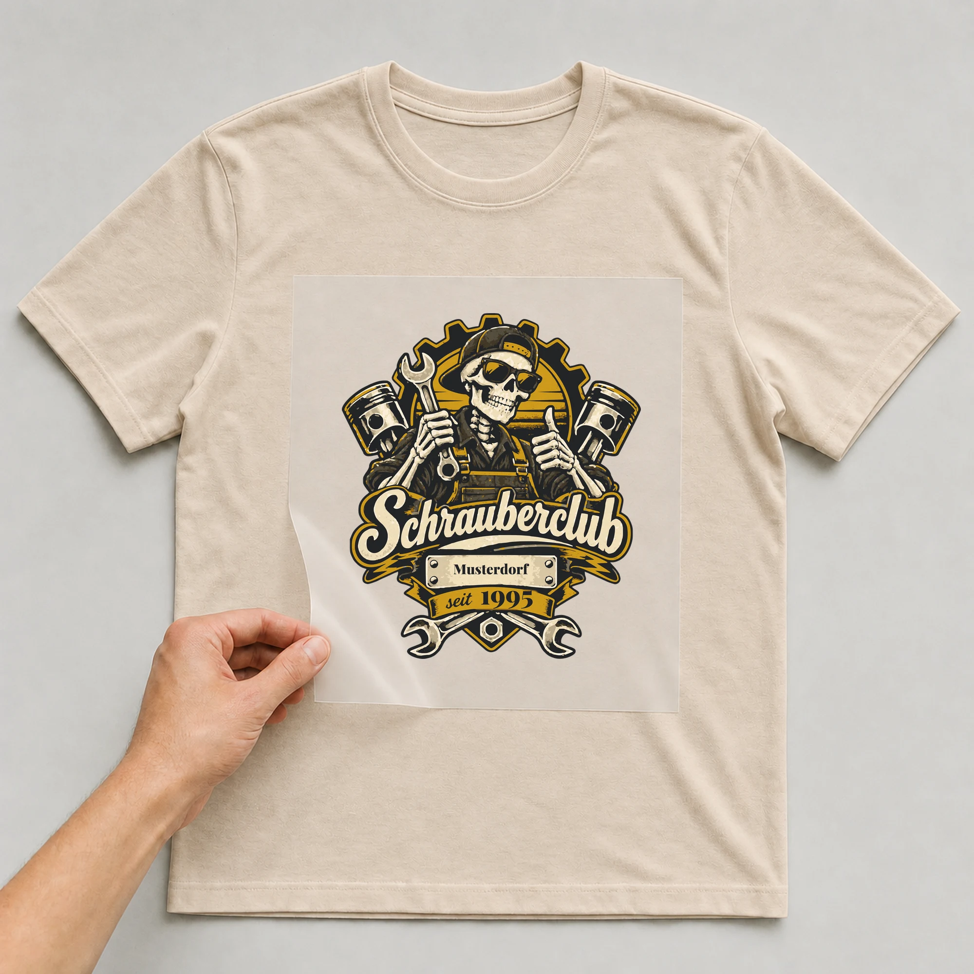 Bügelbild Schrauberclub mit Ort und Jahr auf beigem T-Shirt, Folie wird aufgelegt