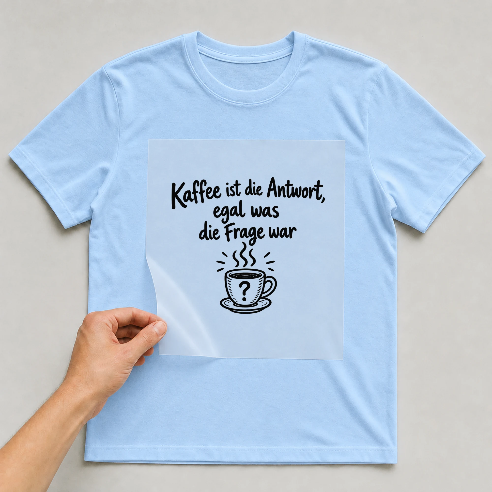 Bügelbild „Kaffee ist die Antwort, egal was die Frage war“ auf babyblauem T-Shirt, Folie wird aufgelegt