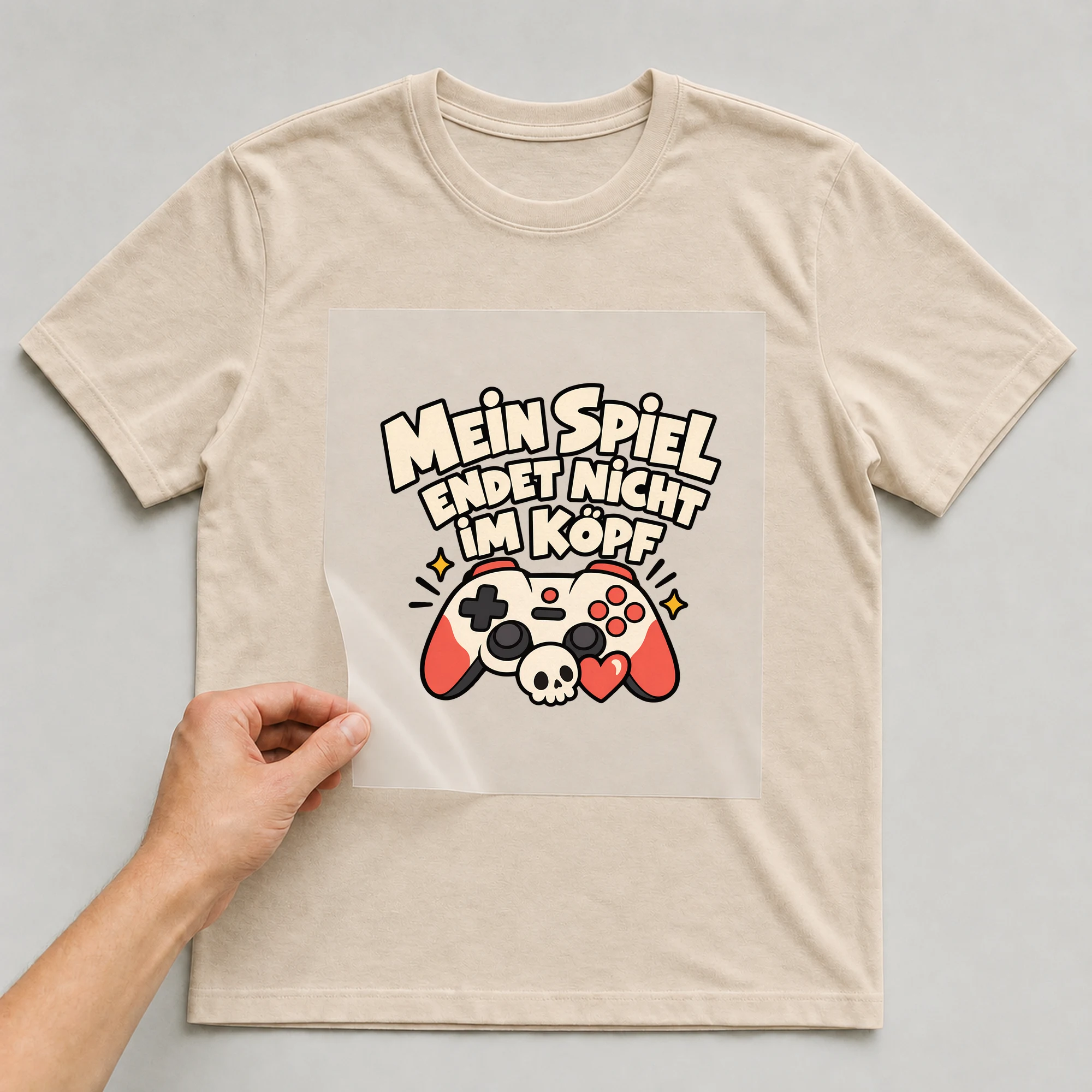 Bügelbild „Mein Spiel endet nicht im Kopf“ auf beigem T-Shirt, Folie wird aufgelegt