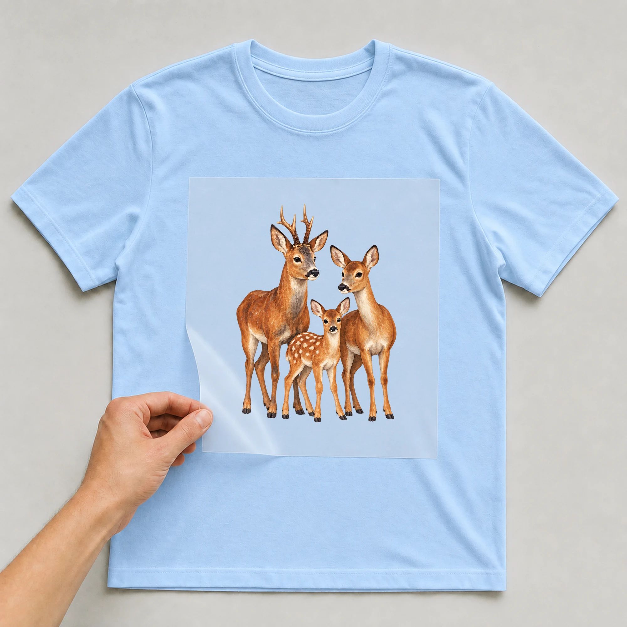 Bügelbild „Rehfamilie“ auf babyblauem T-Shirt, Folie wird aufgelegt