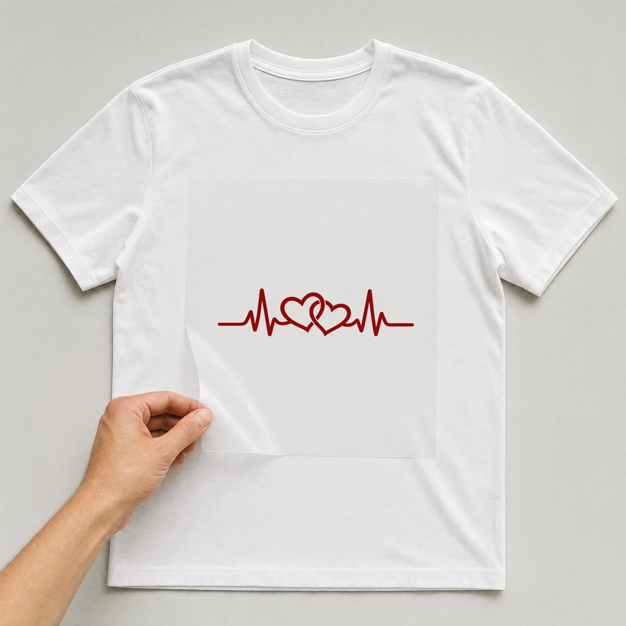 Bügelbild „Herzschlag“ auf weißem T-Shirt, Folie wird aufgelegt