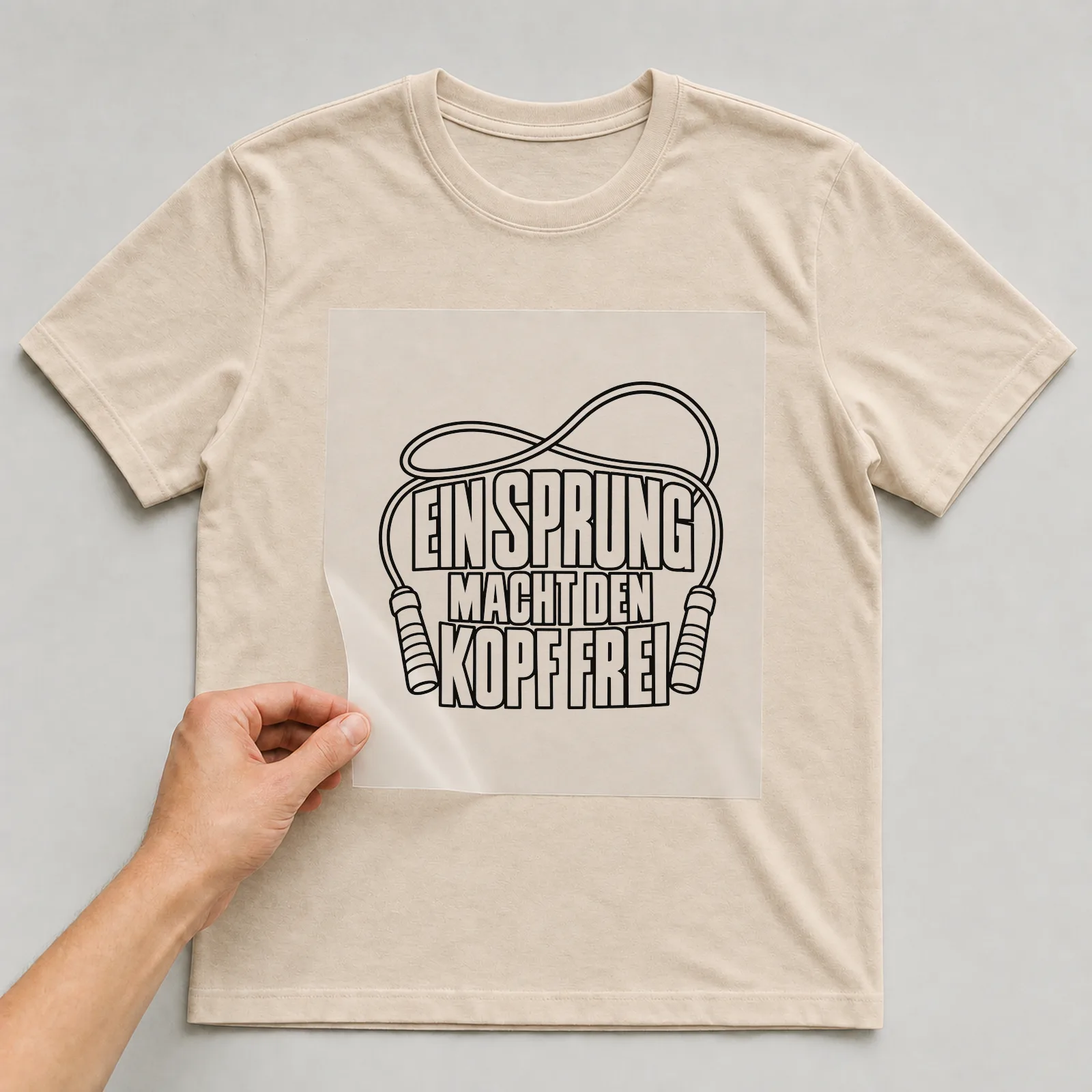 Bügelbild „Ein Sprung macht den Kopf frei“ auf beigem T-Shirt, Folie wird aufgelegt