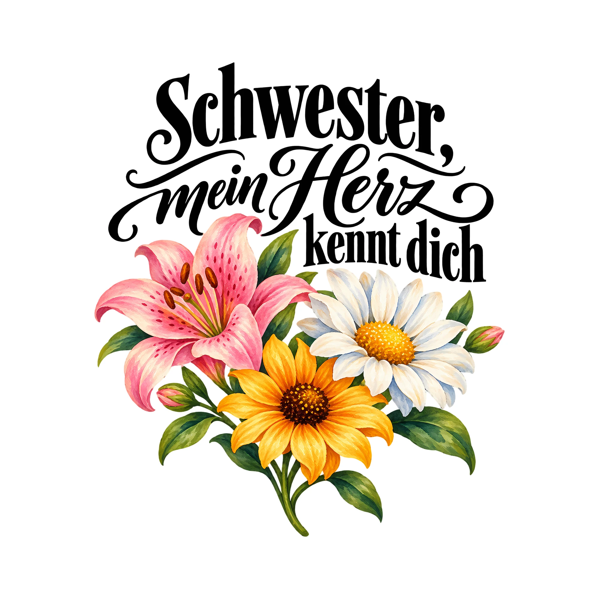 Bügelbild Schwester, mein Herz kennt dich als Grafik auf weißem Hintergrund (BB013526)