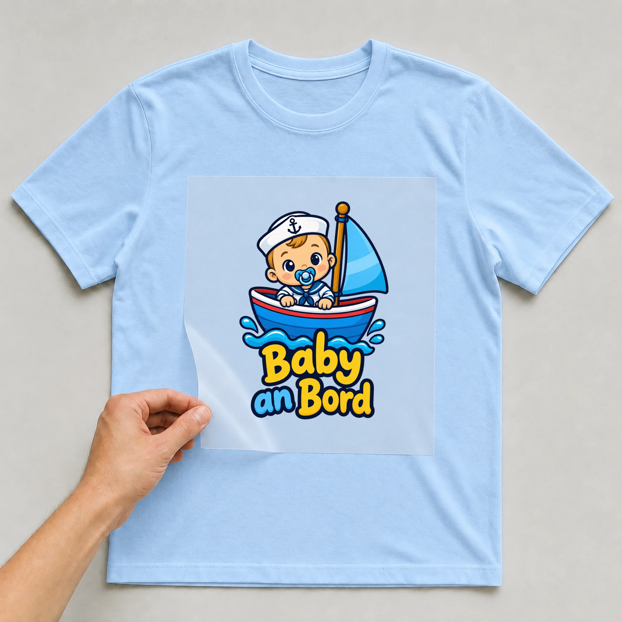 Bügelbild „Baby an Bord“ auf babyblauem T-Shirt, Folie wird aufgelegt