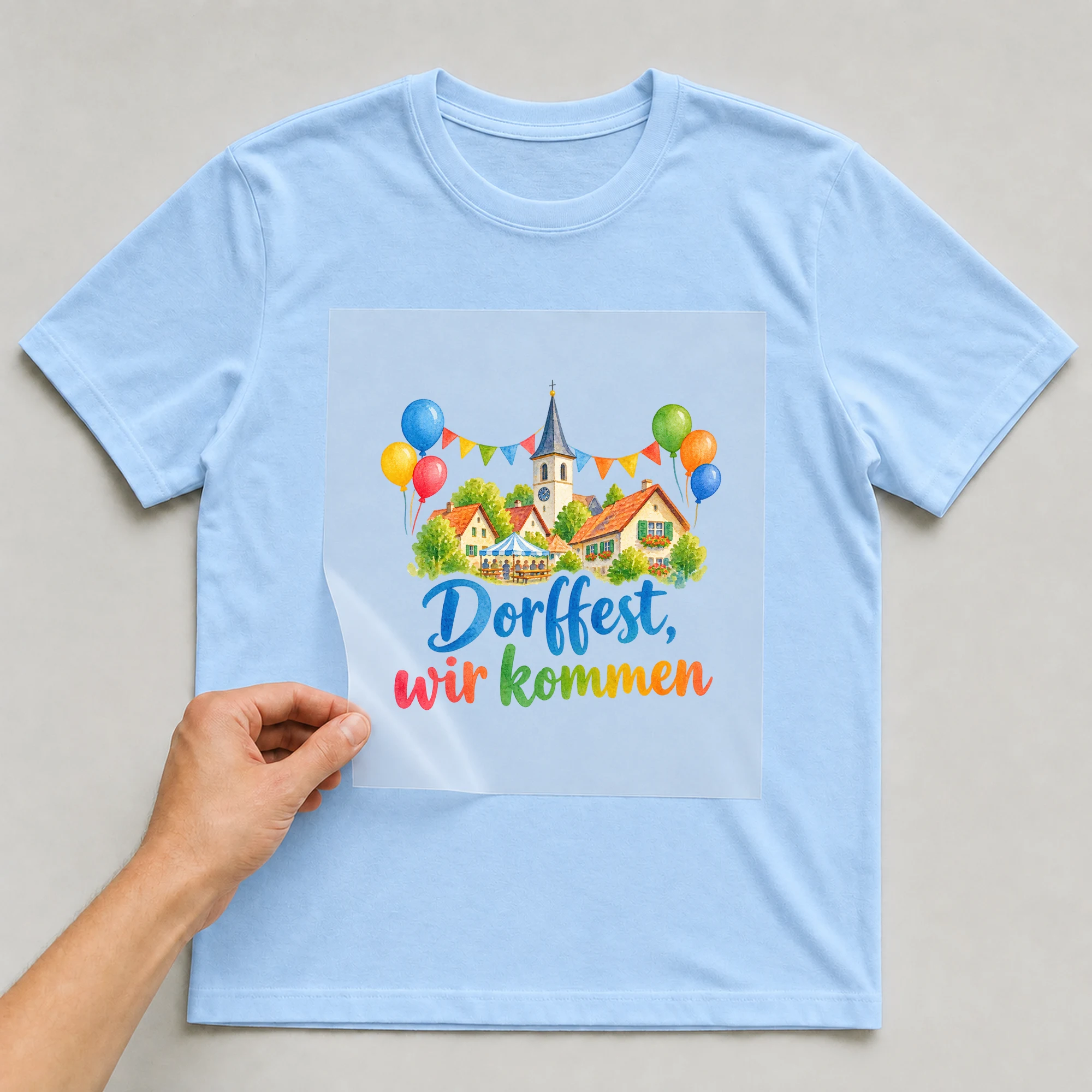 Bügelbild „Dorffest, wir kommen“ auf babyblauem T-Shirt, Folie wird aufgelegt