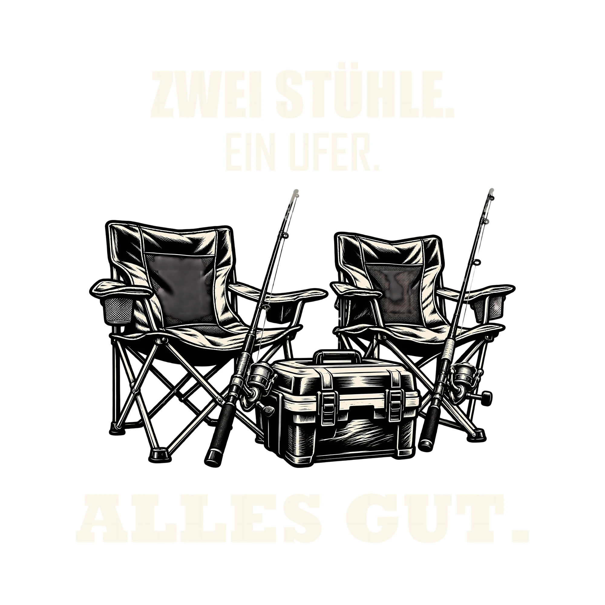 Bügelbild ZWEI STÜHLE. EIN UFER. ALLES GUT. als Grafik auf weißem Hintergrund (BB012692)