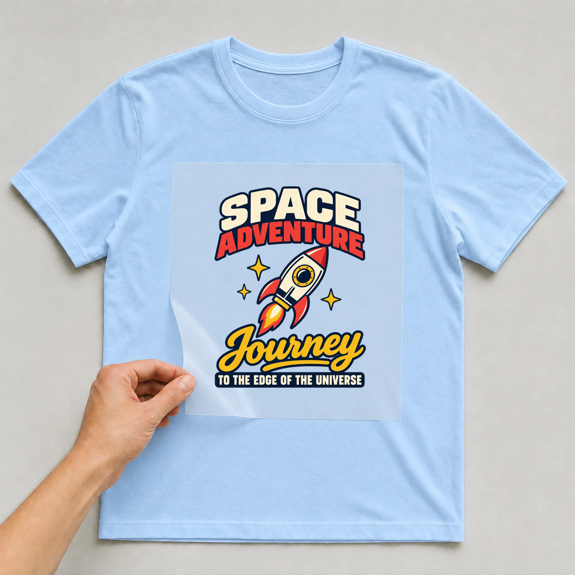 Bügelbild „Space Adventure Journey To The Edge Of The Universe“ auf babyblauem T-Shirt, Folie wird aufgelegt