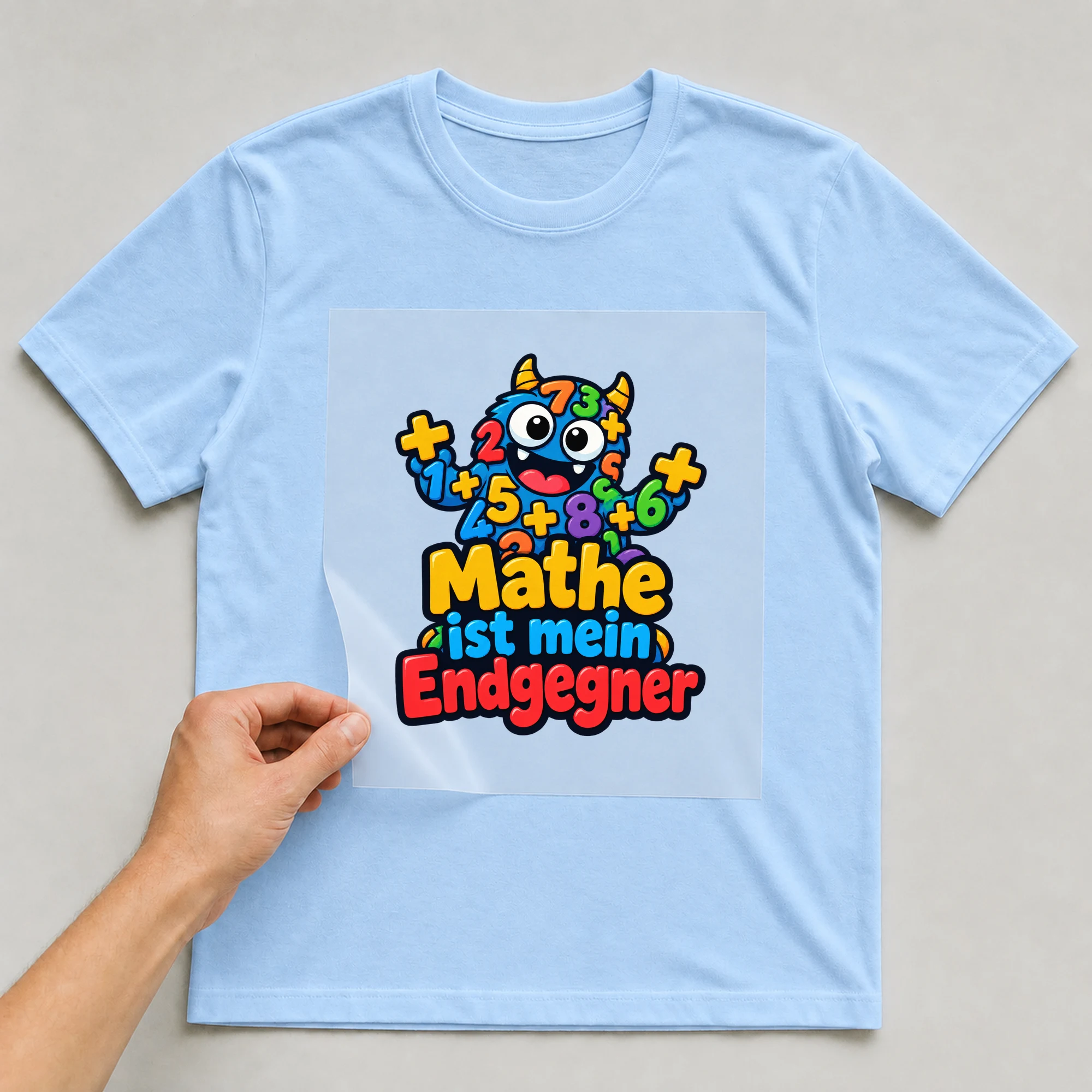 Bügelbild „Mathe ist mein Endgegner“ auf babyblauem T-Shirt, Folie wird aufgelegt